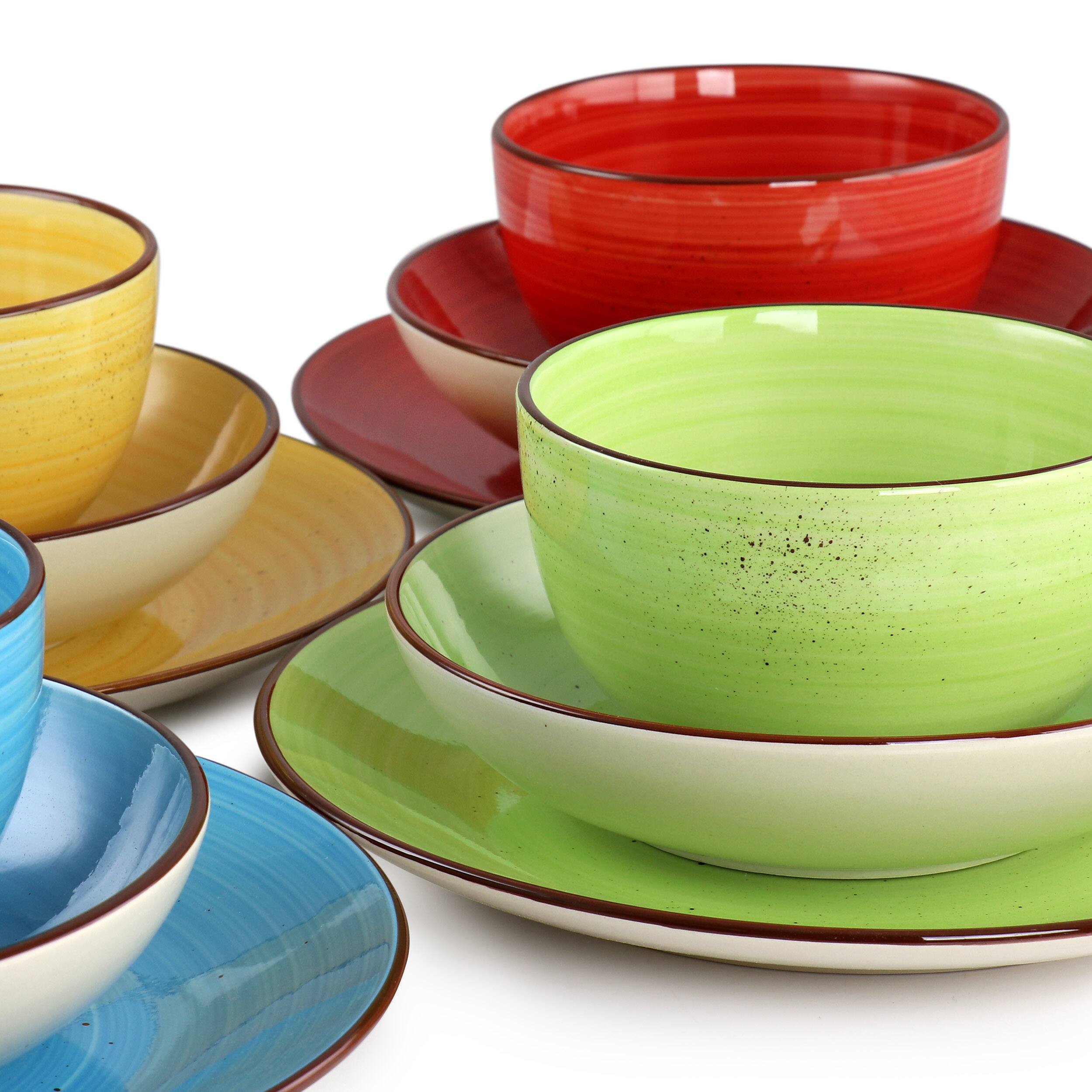 Alt View 5. Elama - Elama Mason 12 Piece Double Bowl Stoneware Dinnerware Set in Assorted Colors - Yellow, Turquoise, Lime, Red.