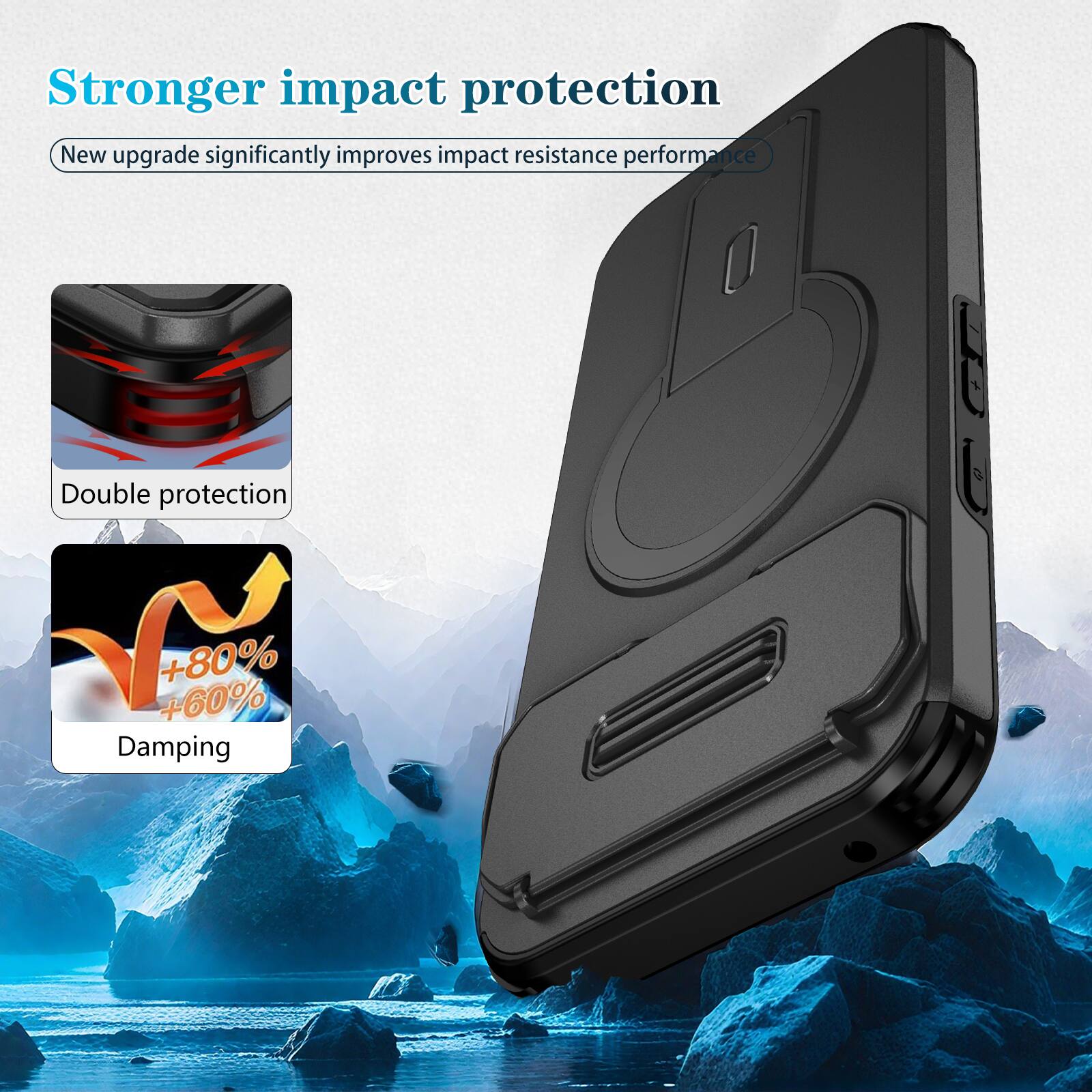 Stronger impact protection  
New upgrade significantly improves impact resistance performance  
Double protection  
+80% +60% Damping