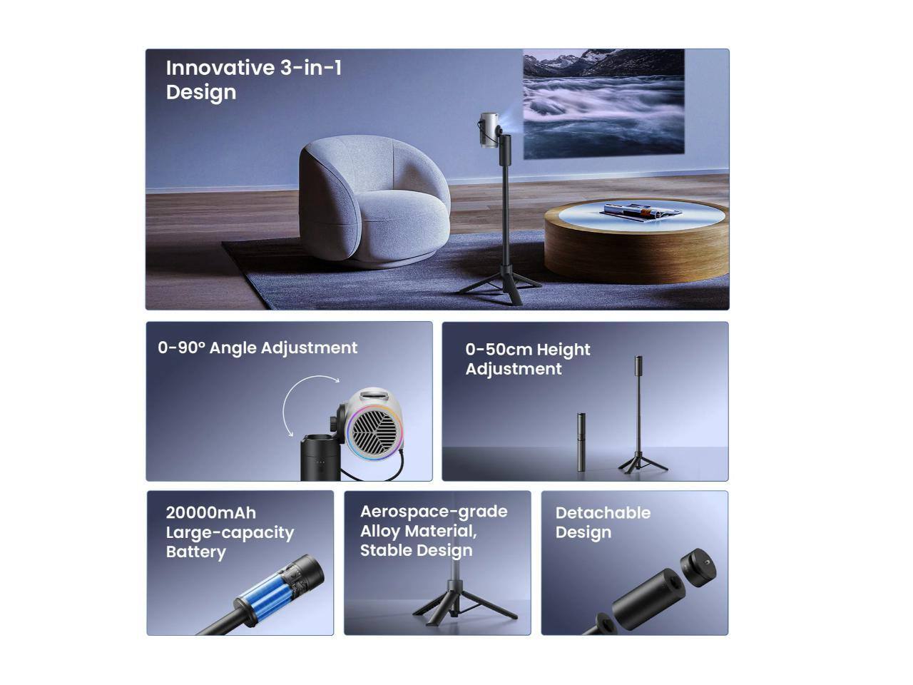 Innovative 3-in-1 Design

- 0-90° Angle Adjustment
- 0-50cm Height Adjustment
- 20000mAh Large-capacity Battery
- Aerospace-grade Alloy Material, Stable Design
- Detachable Design