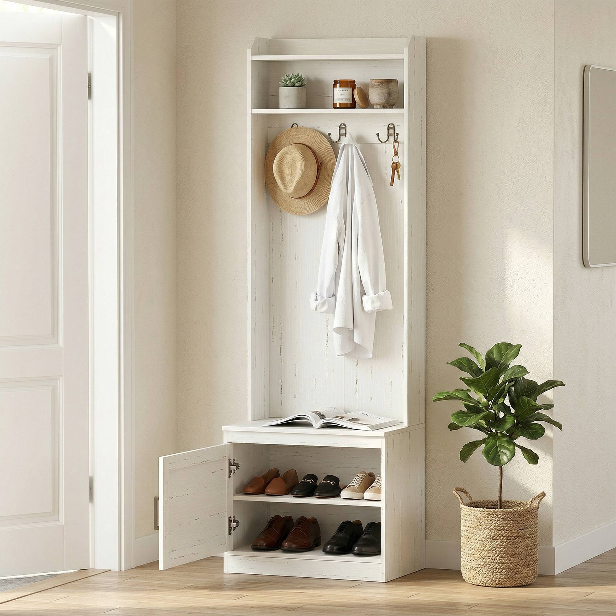 Alt View 7. Homcom - Rustic Hall Tree with Shoe Storage Bench and Coat Rack - White.