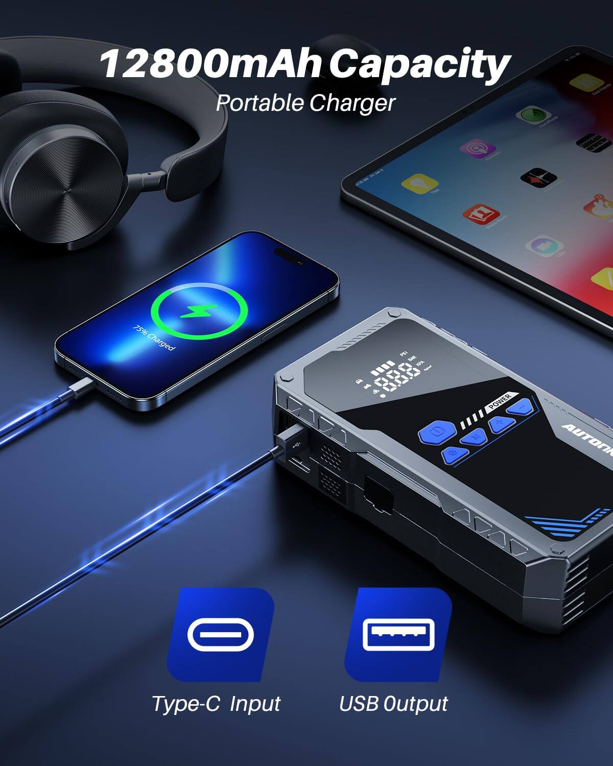 12800mAh Capacity Portable Charger

Type-C Input
USB Output