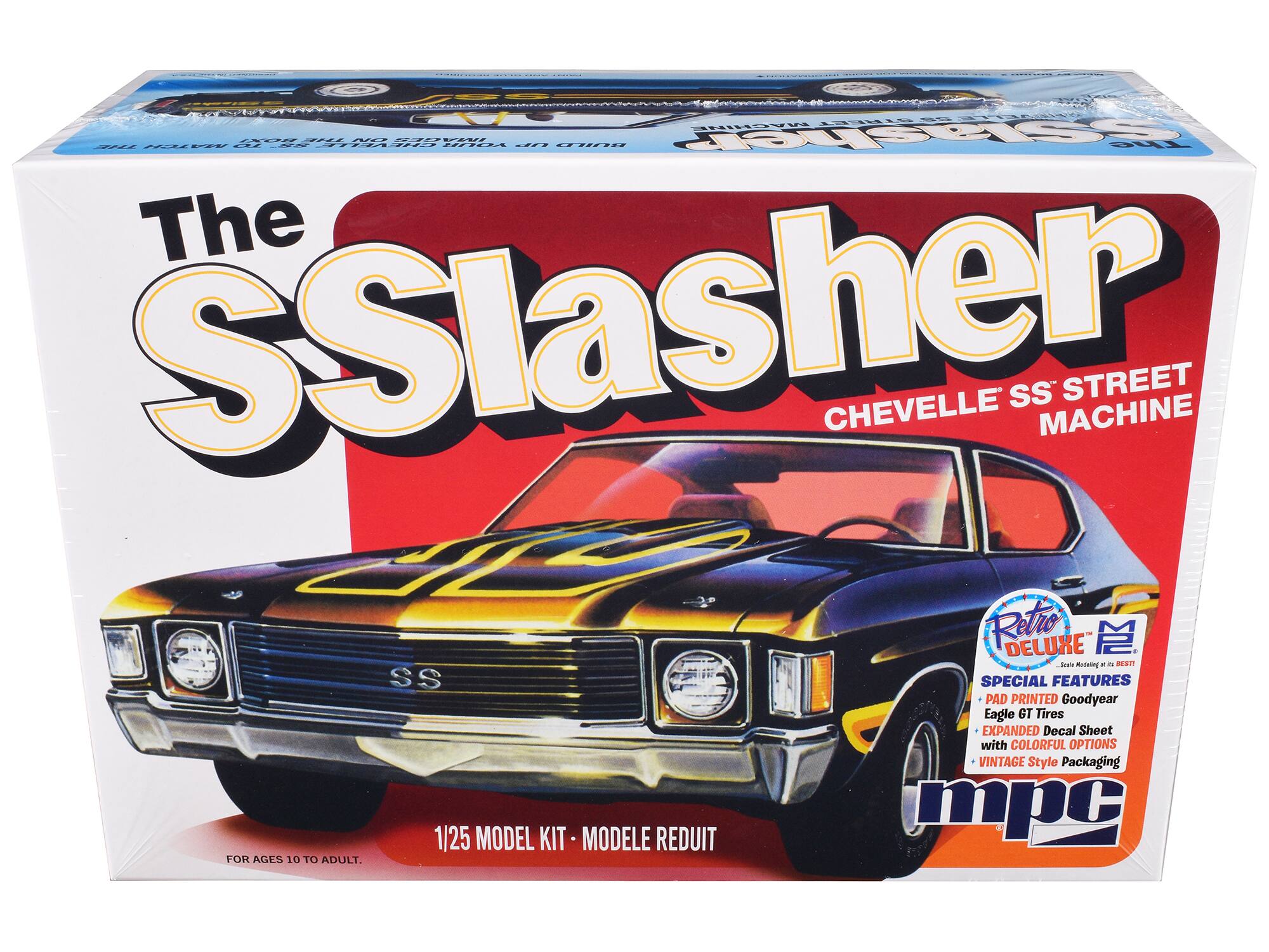 The SS Slasher  
CHEVELLE SS STREET MACHINE  

Special Features:  
- PAD PRINTED Goodyear Eagle GT Tires  
- EXPANDED Decal Sheet with COLORFUL OPTIONS  
- VINTAGE Style Packaging  

1/25 MODEL KIT - MODELE REDUIT  

FOR AGES 10 TO ADULT.  

Retro DELUXE  
Scale Modeling at its BEST!