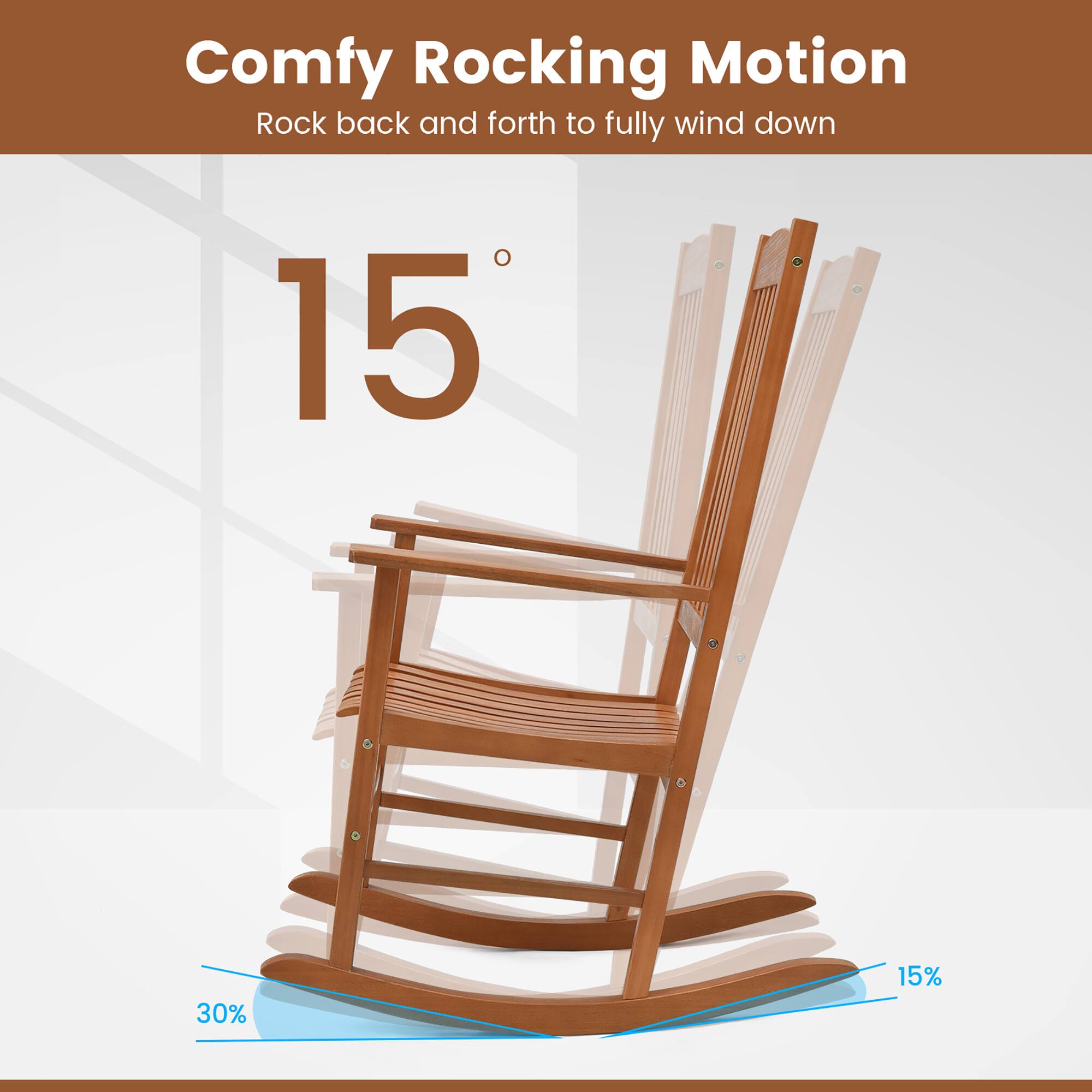 Comfy Rocking Motion  
Rock back and forth to fully wind down  

15°  

30%  
15%