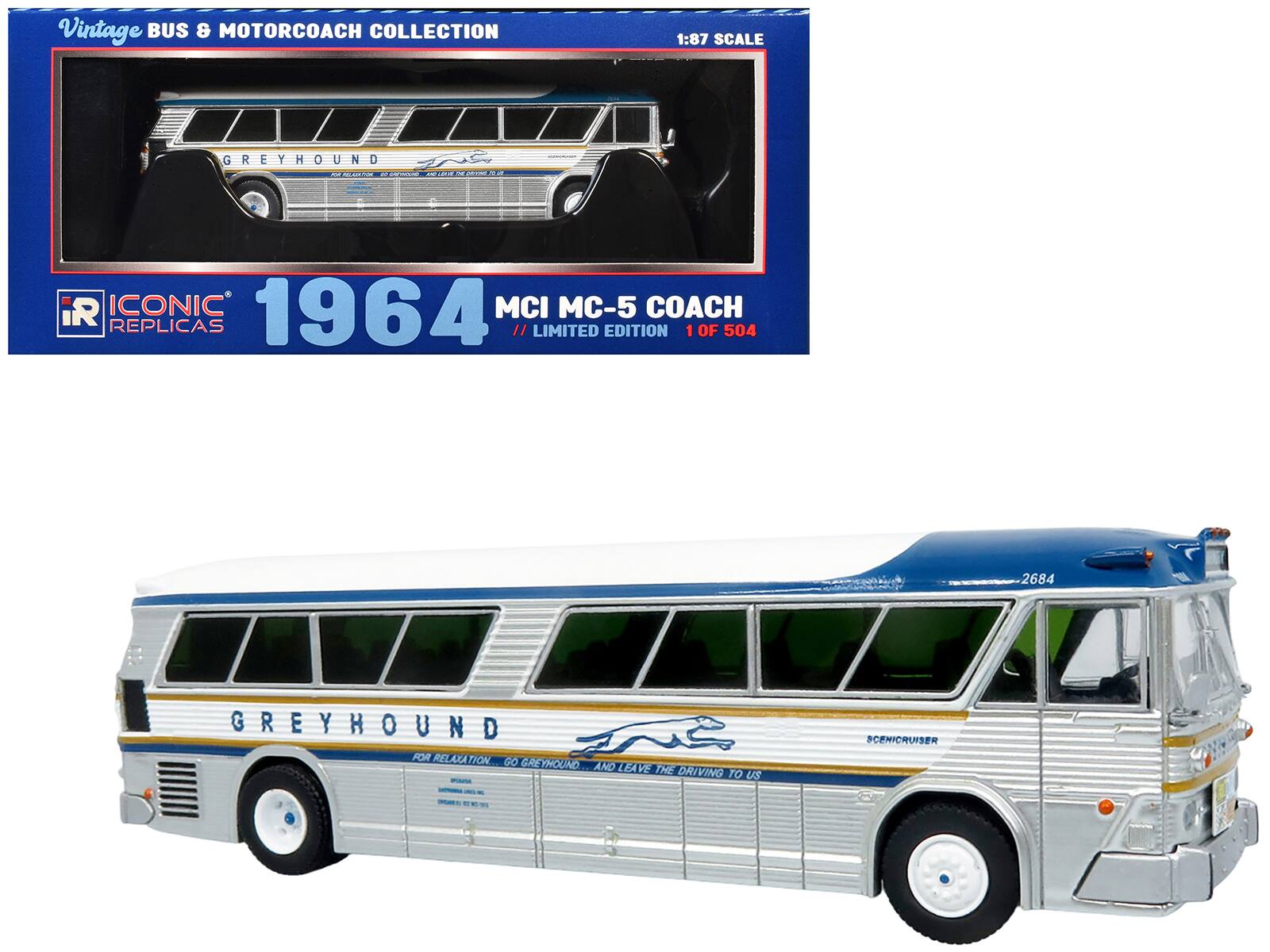 Vintage BUS & MOTORCOACH COLLECTION  
1:87 SCALE  
GREYHOUND  
ICONIC 1964 MCI MC-5 COACH REPLICAS  
// LIMITED EDITION 1 OF 504  
2684 GREYHOUND  
FOR RELAXATION... GO GREYHOUND... AND LEAVE THE DRIVING TO US  
SCENICRUISER
