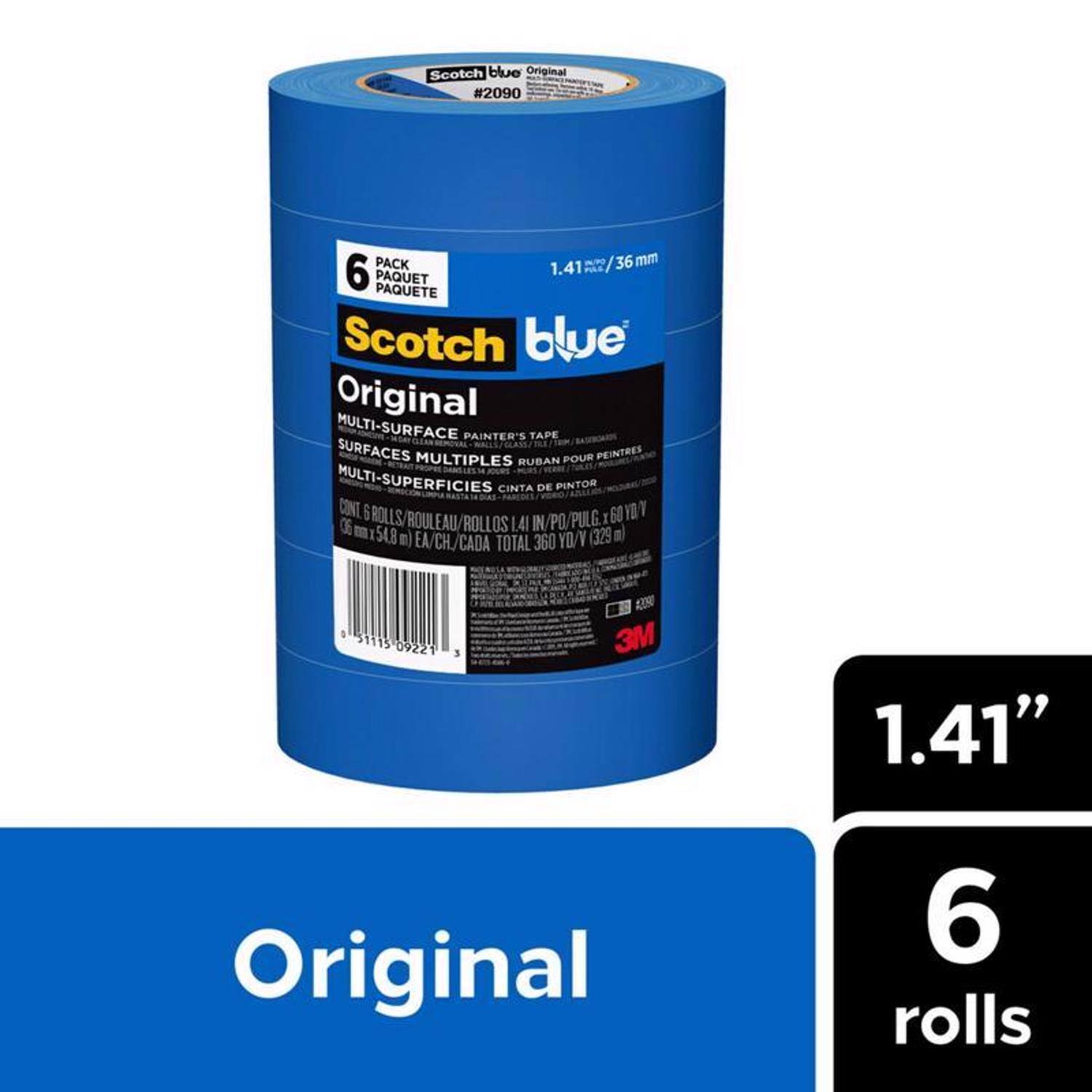 Scotch blue Original #2090  
PACK / 36 mm 1.41"  
PAQUET PAQUETE Scotch blue Original MULTI-SURFACE PAINTER'S TAPE WAIS/SLASE SURFACES MULTIPLES RUBAN POUR PEINTRES MULTI-SUPERFICIES CINTA DE PINTOR  
CONT 6 ROLLOS L41 IN PO 54.8 m EA/CH/CADA EA CH CADA TOTAL 360 YO/Y (329 ml 51115 09221 3 3M 1.41" Original 6 rolls