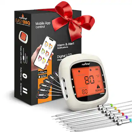 nutrichef EASY BBQ
Mobile App control
Alarm & Alert Notifications
Digital LCD Display
Probe with cable x2
Probe Wrap x2
AA Battery x2
CURRENT TEMP. 80°F
PRESET TEMP. 80
READY
Available on Google Play and App Store