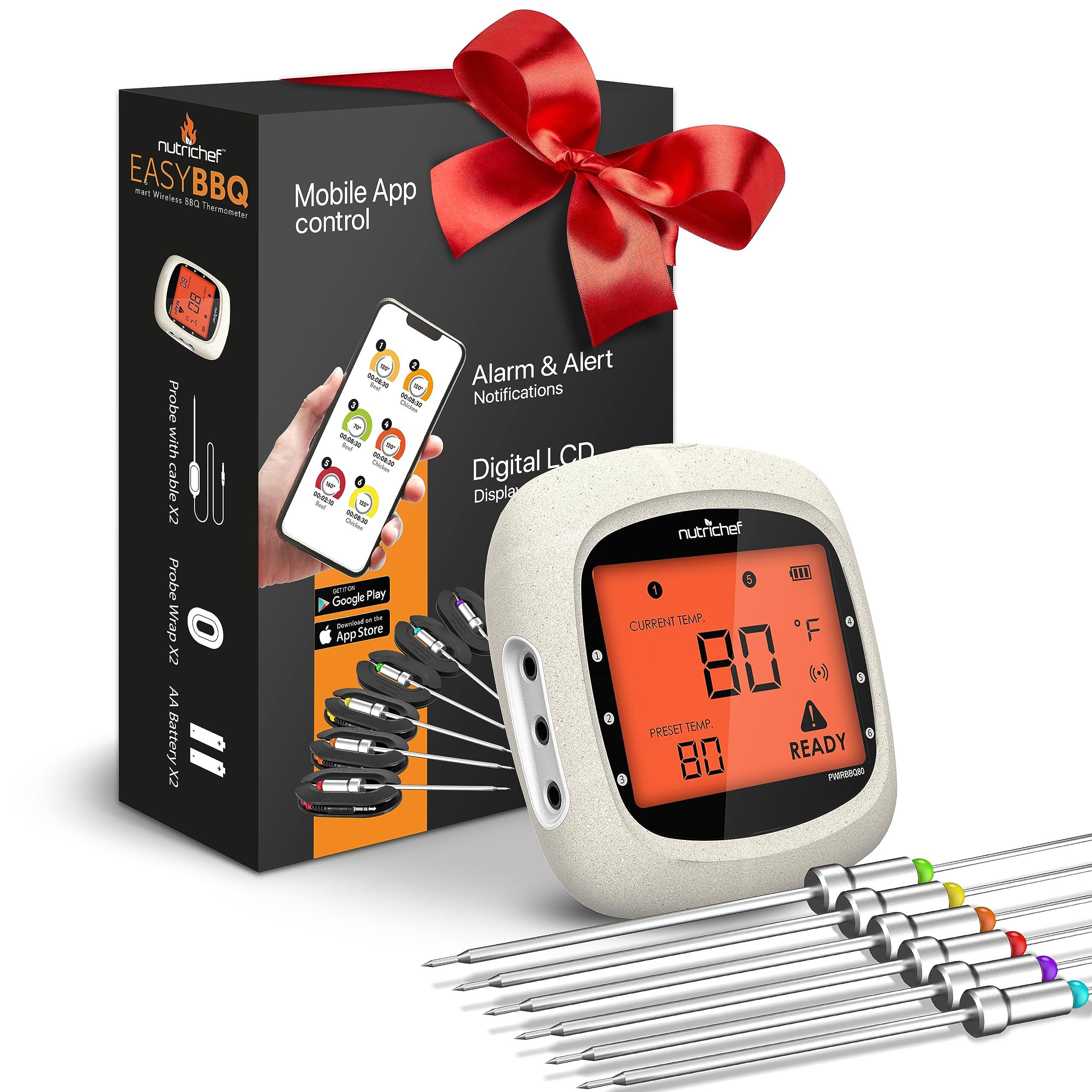 nutrichef EASY BBQ  
Mobile App control  
Alarm & Alert Notifications  
Digital LCD Display  

Probe with cable x2  
Probe Wrap x2  
AA Battery x2  

CURRENT TEMP. 80°F  
PRESET TEMP. 80  
READY  

Available on Google Play and App Store