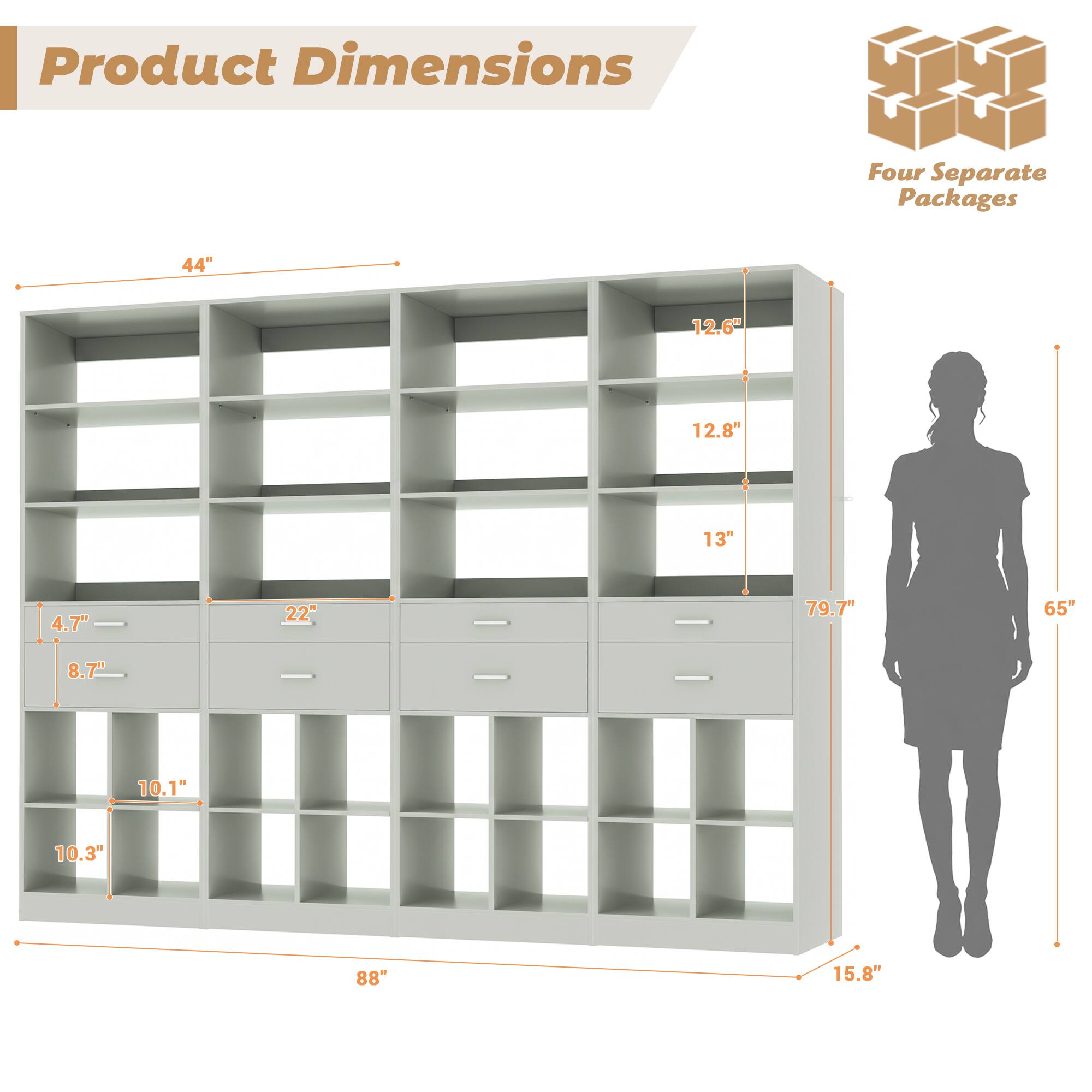 Product Dimensions: Four Separate Packages

- 44" 
- 12.6" 
- 12.8" 
- 13" 
- 4.7" 
- 22" 
- 79.7" 
- 65" 
- 8.7" 
- 10.1" 
- 10.3" 
- 88" 
- 15.8"