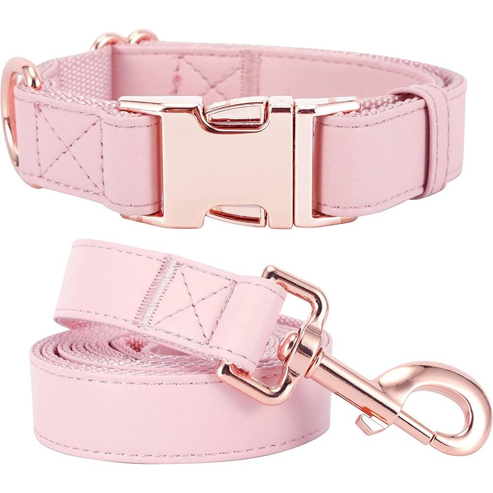 Front. MOSZAR LLC - Leather Dog Collar and Leash Set, Soft, Pink, Small - Pink.