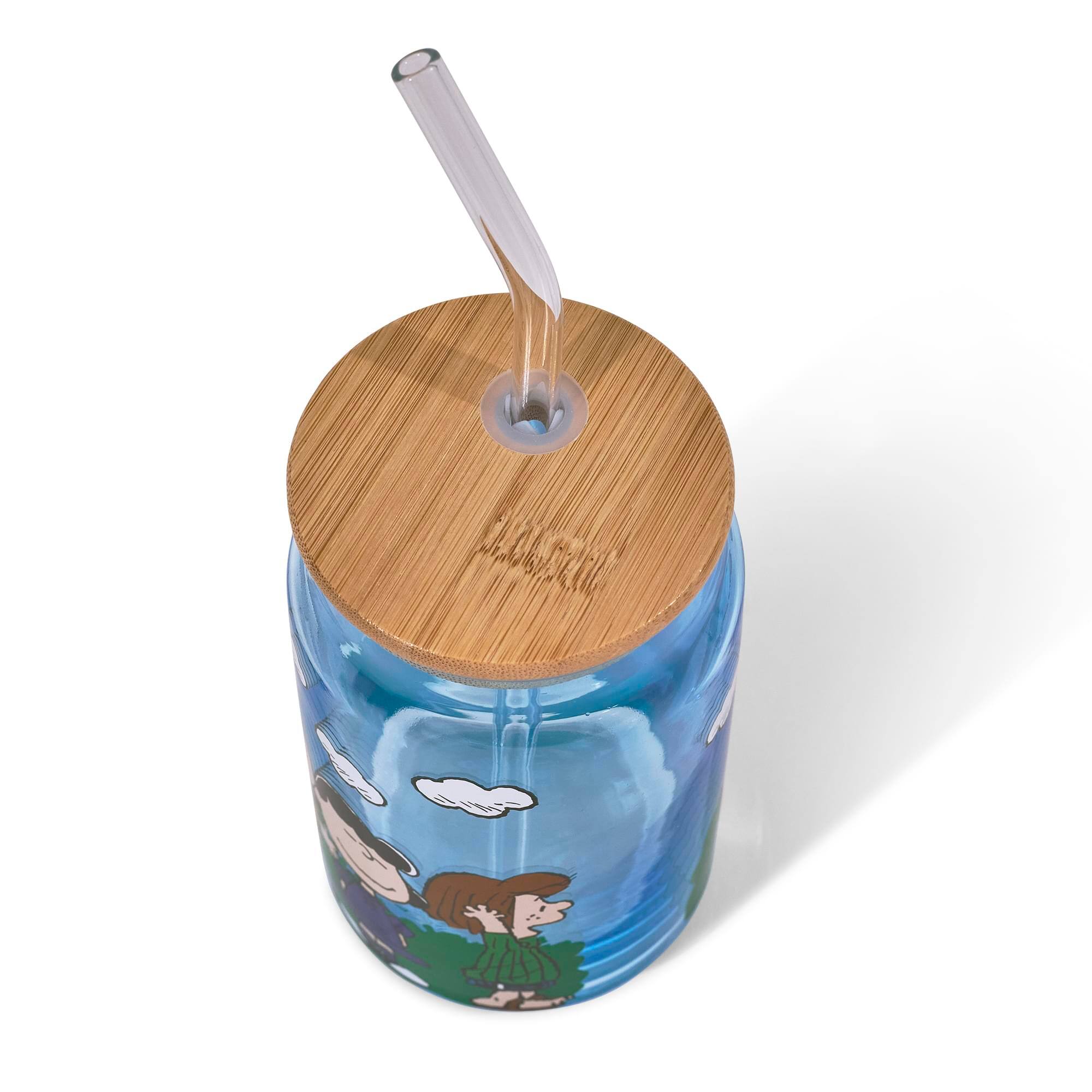 Alt View 3. Silver Buffalo - Peanuts Gang Snoopy and Friends 16-Ounce Glass Tumbler With Bamboo Lid and Glass Straw - Blue.