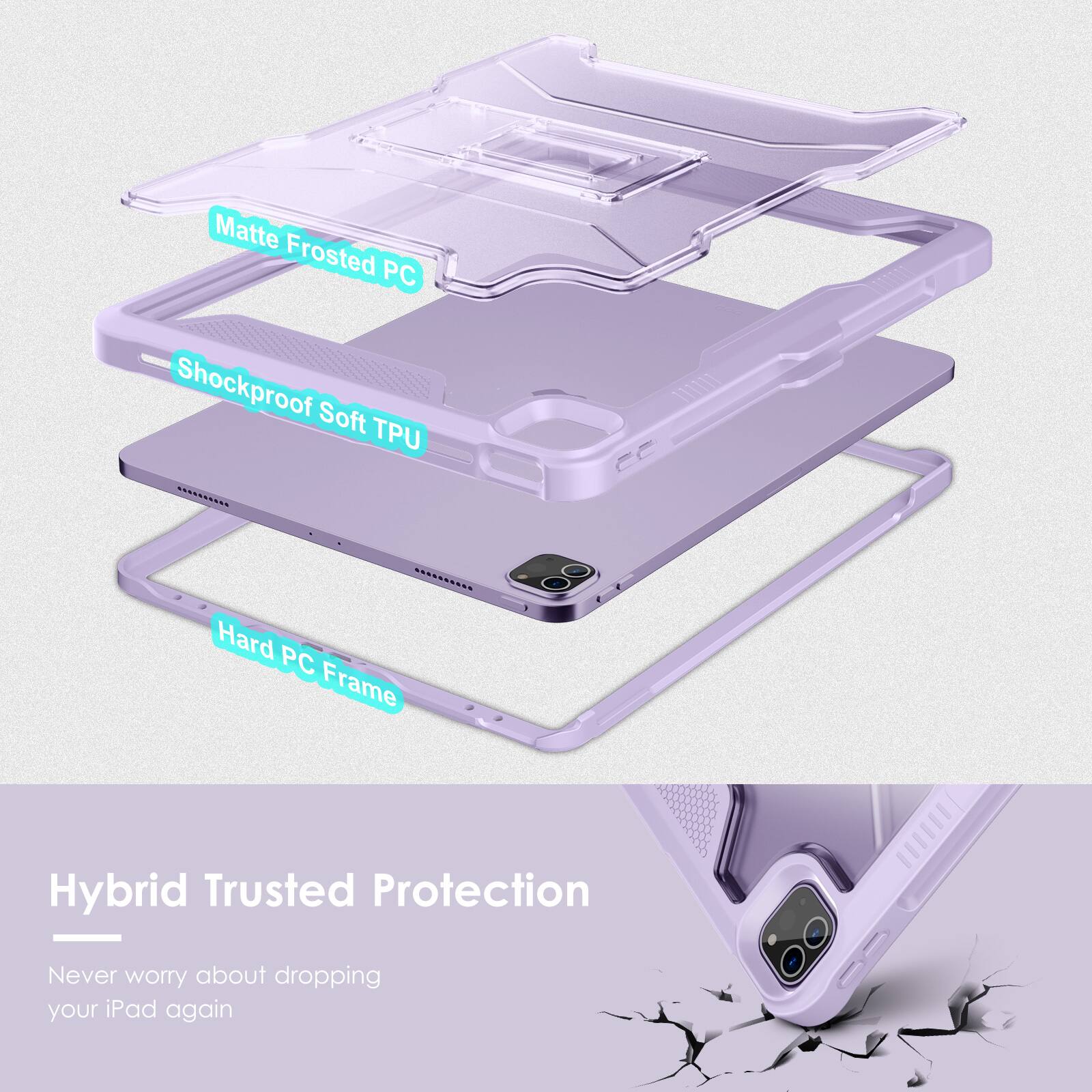 Matte Frosted PC  
Shockproof Soft TPU  
Hard PC Frame  

Hybrid Trusted Protection  
Never worry about dropping your iPad again