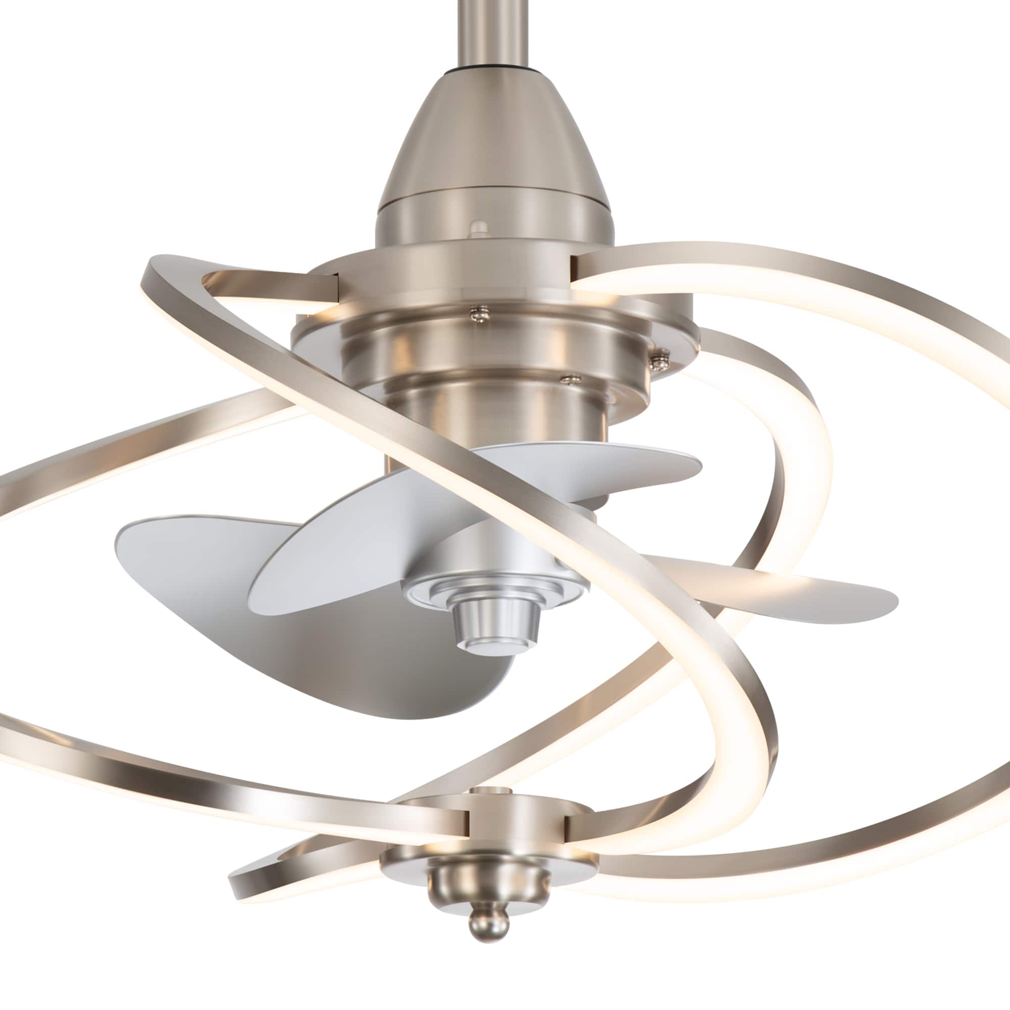 Left. Breezary - 20-Inch Indoor Gyro Cage Ceiling Fan with Light Kit, 3 ABS Blades, DC Motor, 6-Speed Remote Control, Timer, 6-In Downrod - Satin Nickel and Silver.