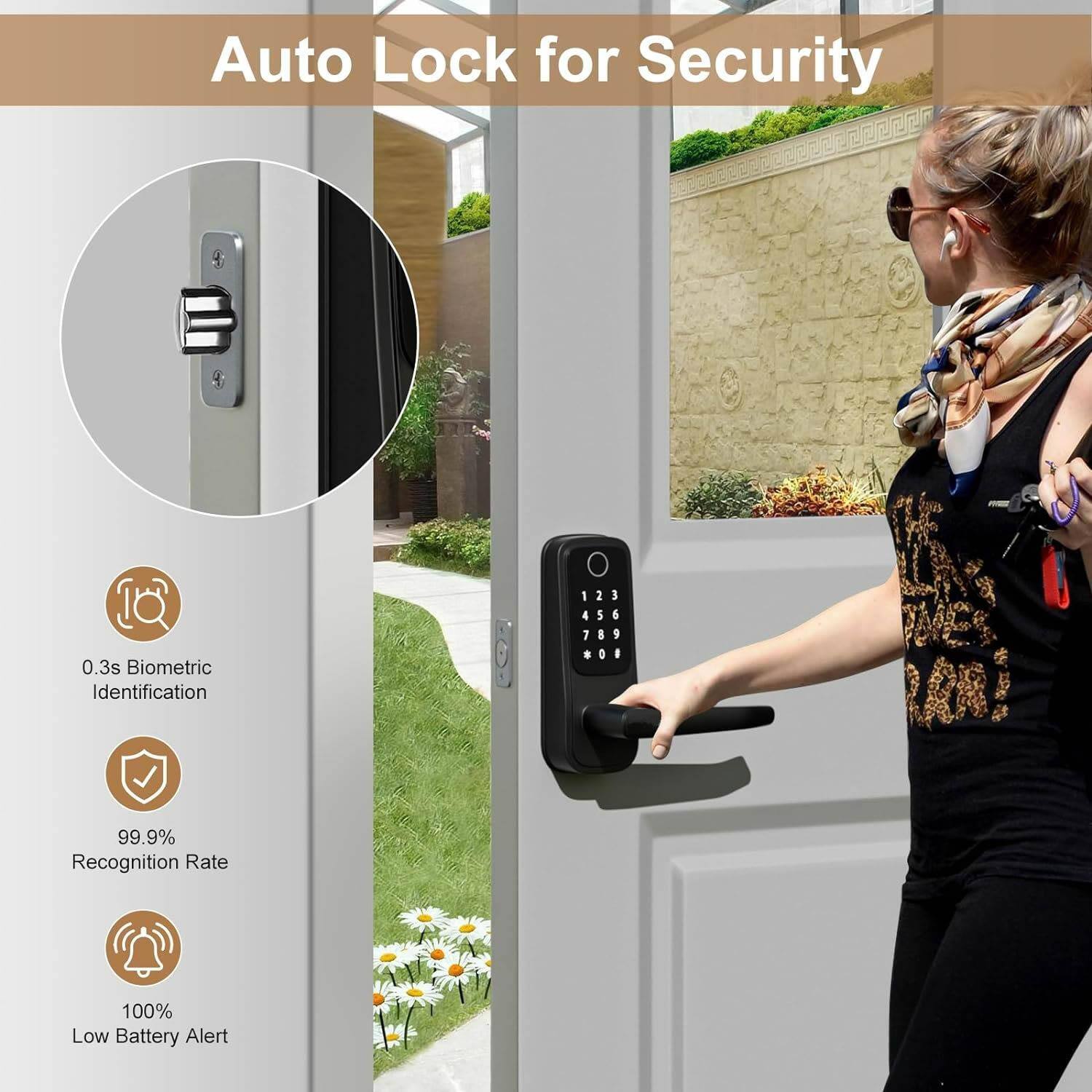 Auto Lock for Security
- 0.3s Biometric Identification
- 99.9% Recognition Rate
- 100% Low Battery Alert