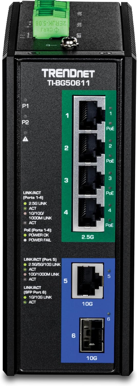 5.08 2ERJK CXRJ TRENDNET TI-BG50611 P1 P2 1 1 PoE 2 2 PoE 3 3 LINK/ACT (Ports 1-4) 2.5G LINK ACT 10/100/ 1000M LINK ACT PoE (Ports 1-4): POWER OK POWER FAIL 4 2.5G PoE 4 PoE LINK/ACT (Port 5) 2 5G/5G/10 UINK ACT 100/1000M LINK ACT 5 LINK/ACT (SFP Port 6) 1G/10G LINK ACT 10G 5 6 6 10G