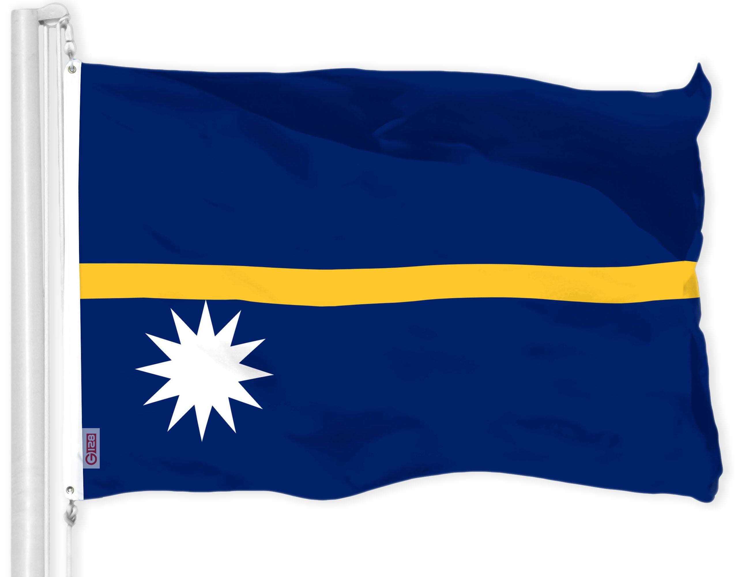 Front. G128 - Nauru Flag 3x5 ft — 150D Polyester, Brass Grommets - Blue, Yellow, White.
