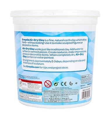 Crayola Air-Dry Clay is a fine, natural earth clay which dries hard without baking! Use it to make sculpted figures or decorative items. Air-Dry Clay works just like traditional clay. Add water to soften or connect pieces. Create textures, make impressions, press on decorative items. When completely dry, Air-Dry Clay can be carved or painted. Drying time is approximately 2-3 days, depending on size and thickness of sculpture. See Crayola.com for tips and project ideas.

AP D3 QUALITY GUARANTEE

CE

CAUTION: CHOKING HAZARD - Small parts. Not for children under 3 years.

KEEP OUT OF REACH OF CHILDREN

WARNING: CHOKING HAZARD - Small parts. Not for children under 3 years.

MADE IN CHINA

NET WT. 1 LB (16 OZ) 454 g

1-800-222-6006

www.crayola.com

CONSUMER INFORMATION

CONSUMER INFORMATION

CONSUMER INFORMATION

CONSUMER INFORMATION