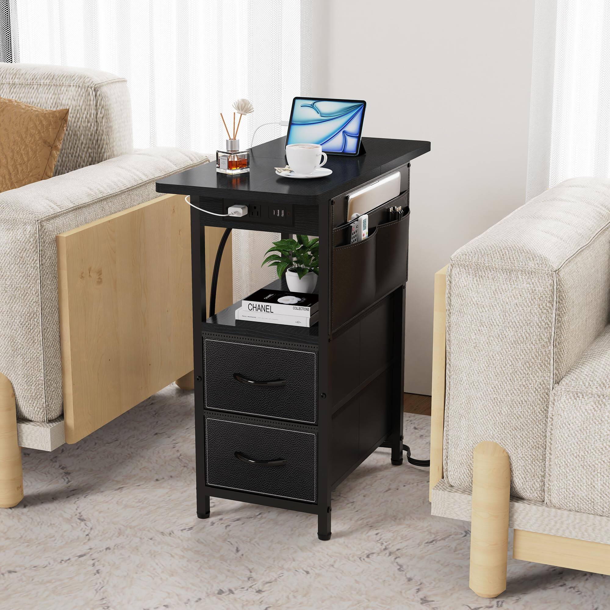 Alt View 3. PO3TICJUNKI3 - Side Table With Charging Station Narrow Nightstand Bedside Tables Storage Pocket For Living Room Bedroom So... - Black.