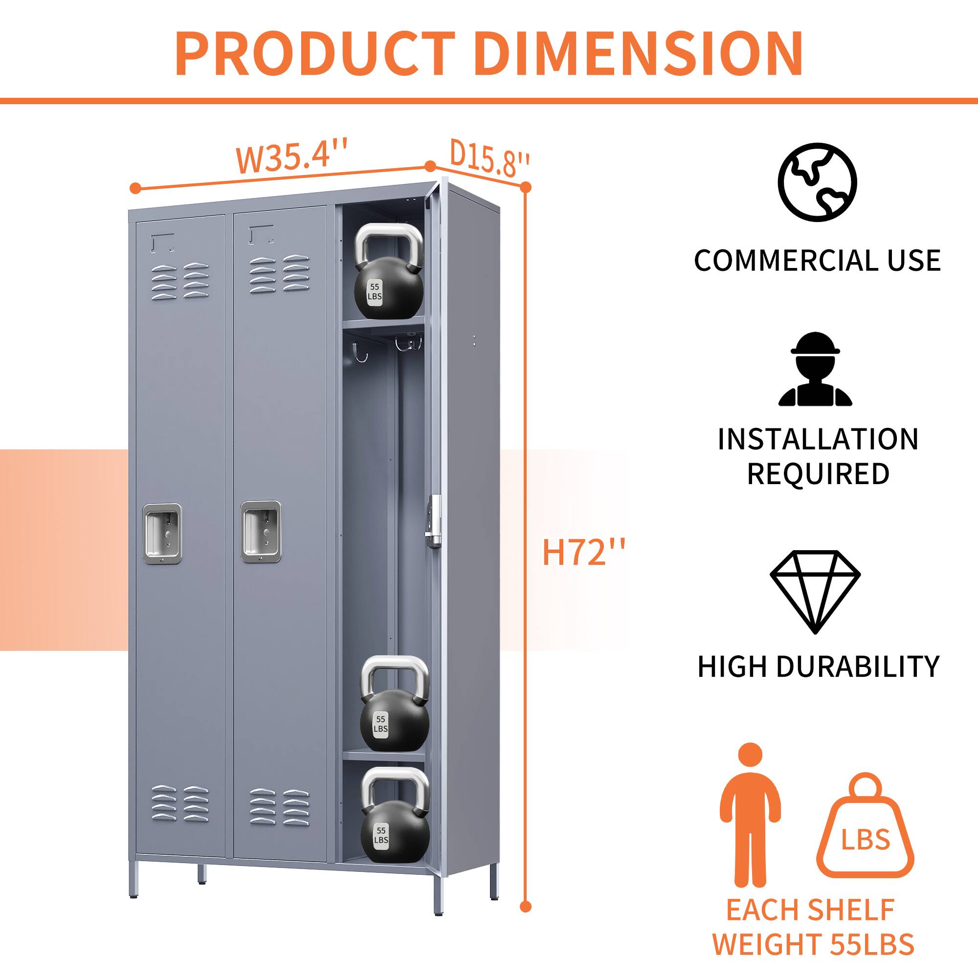 PRODUCT DIMENSION  
W35.4" D15.8" H72"  

COMMERCIAL USE  
INSTALLATION REQUIRED  
HIGH DURABILITY  

EACH SHELF WEIGHT 55LBS