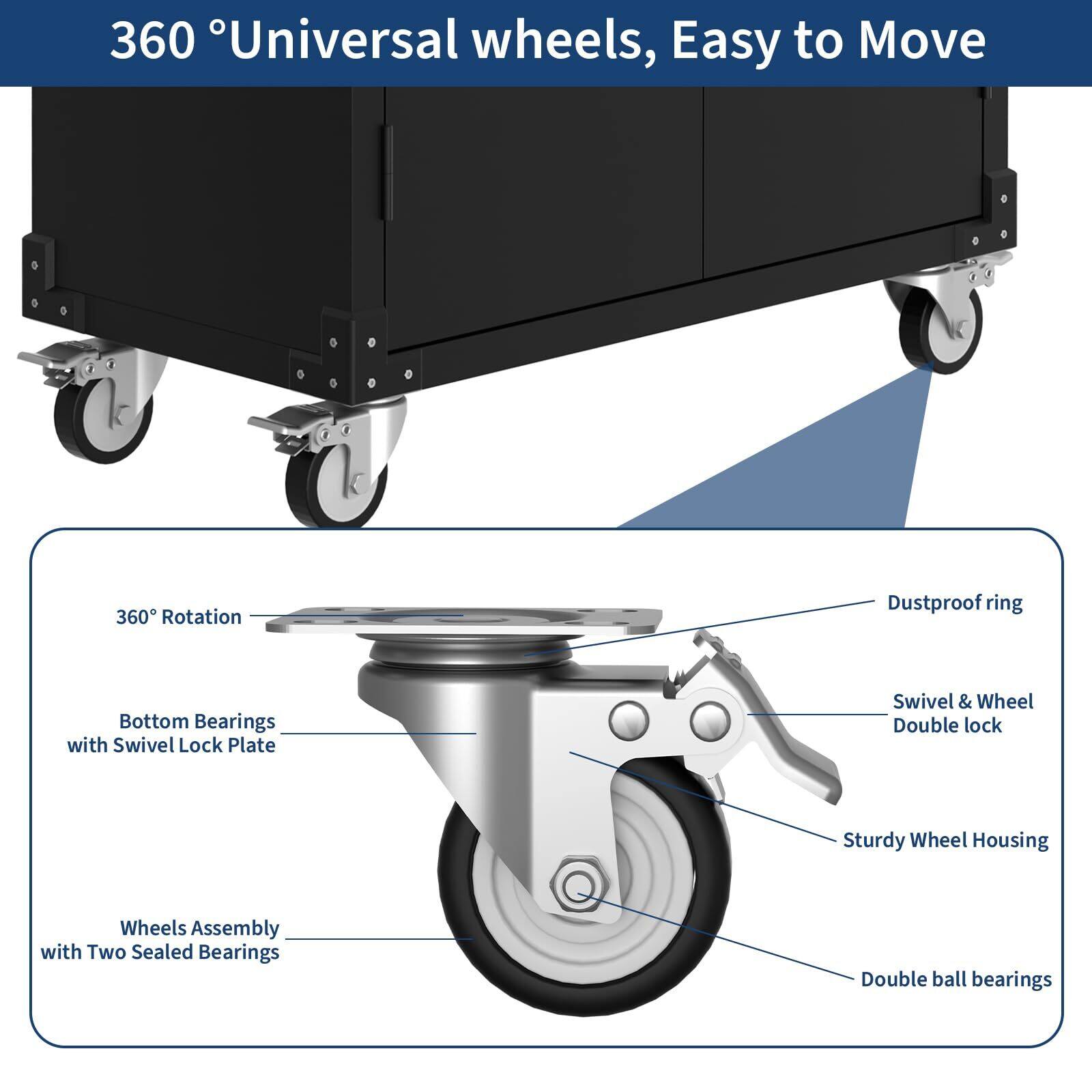 360° Universal wheels, Easy to Move

- 360° Rotation
- Bottom Bearings with Swivel Lock Plate
- Wheels Assembly with Two Sealed Bearings
- Dustproof ring
- Swivel & Wheel Double lock
- Sturdy Wheel Housing
- Double ball bearings