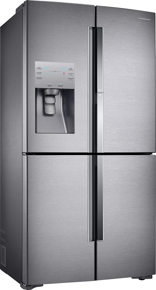 Angle View: Samsung - 22.1 Cu. Ft. 4-Door Flex French Door Counter-Depth Fingerprint Resistant Refrigerator with Food ShowCase - Stainless Steel