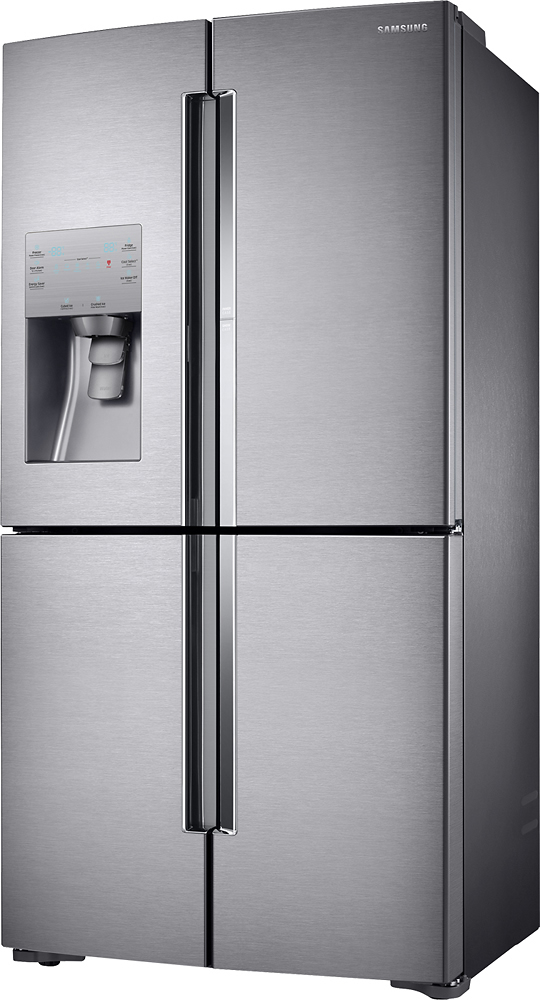 Left View: Samsung - 22.1 Cu. Ft. 4-Door Flex French Door Counter-Depth Fingerprint Resistant Refrigerator with Food ShowCase - Stainless Steel