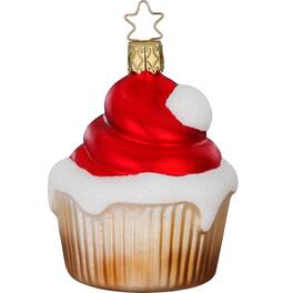 Inge Glas - Christmas Cupcake Santa Hat German Glass Ornament FREE BOX 3.4 Inch - Red