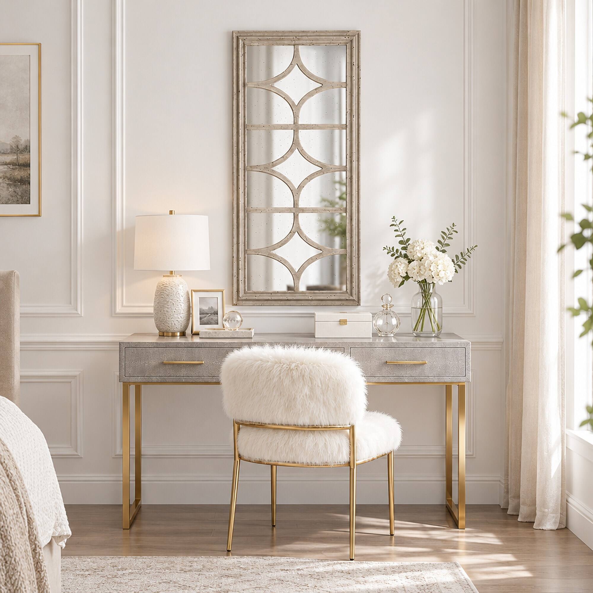 RYHNUYNE 28 x 59 in Rectangular Wall Mirror, Distressed White Frame ...