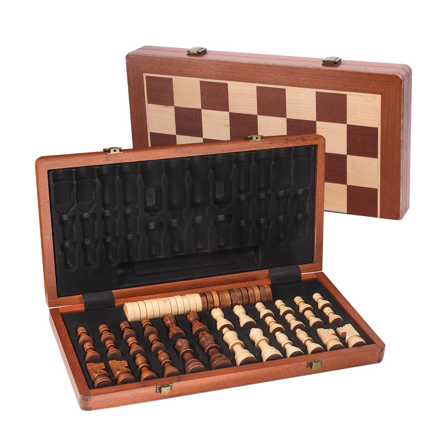 Front. GSE Games & Sports Expert - 15" Large Wooden Folding 2-in-1 Chess and Checkers Board Game Set with Chess Storage Slots Drawer.