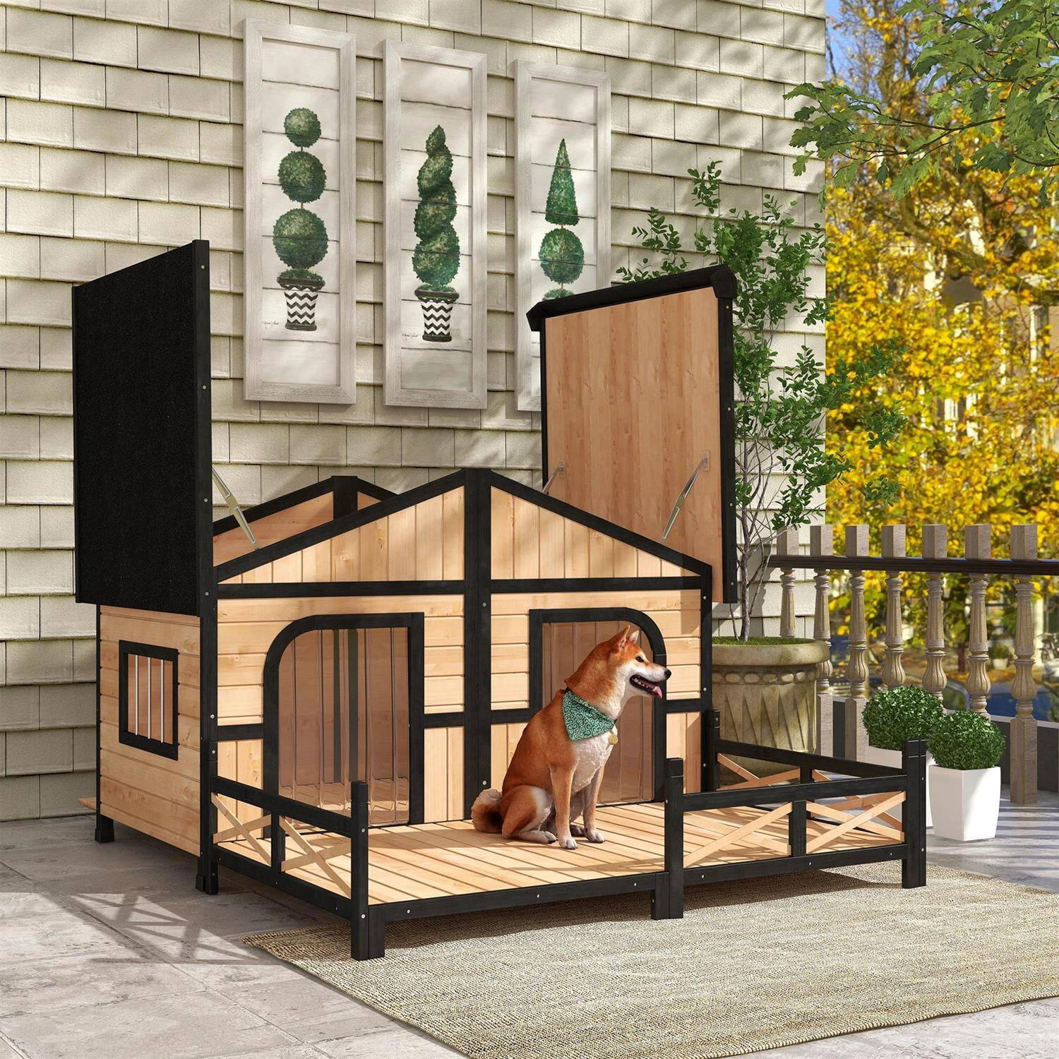 Left. Pefilos - 59" Outdoor Dog House with Porch, Double Room, Openable Roof, Removable Bottom, Wooden Dog House with Elevated Floor.