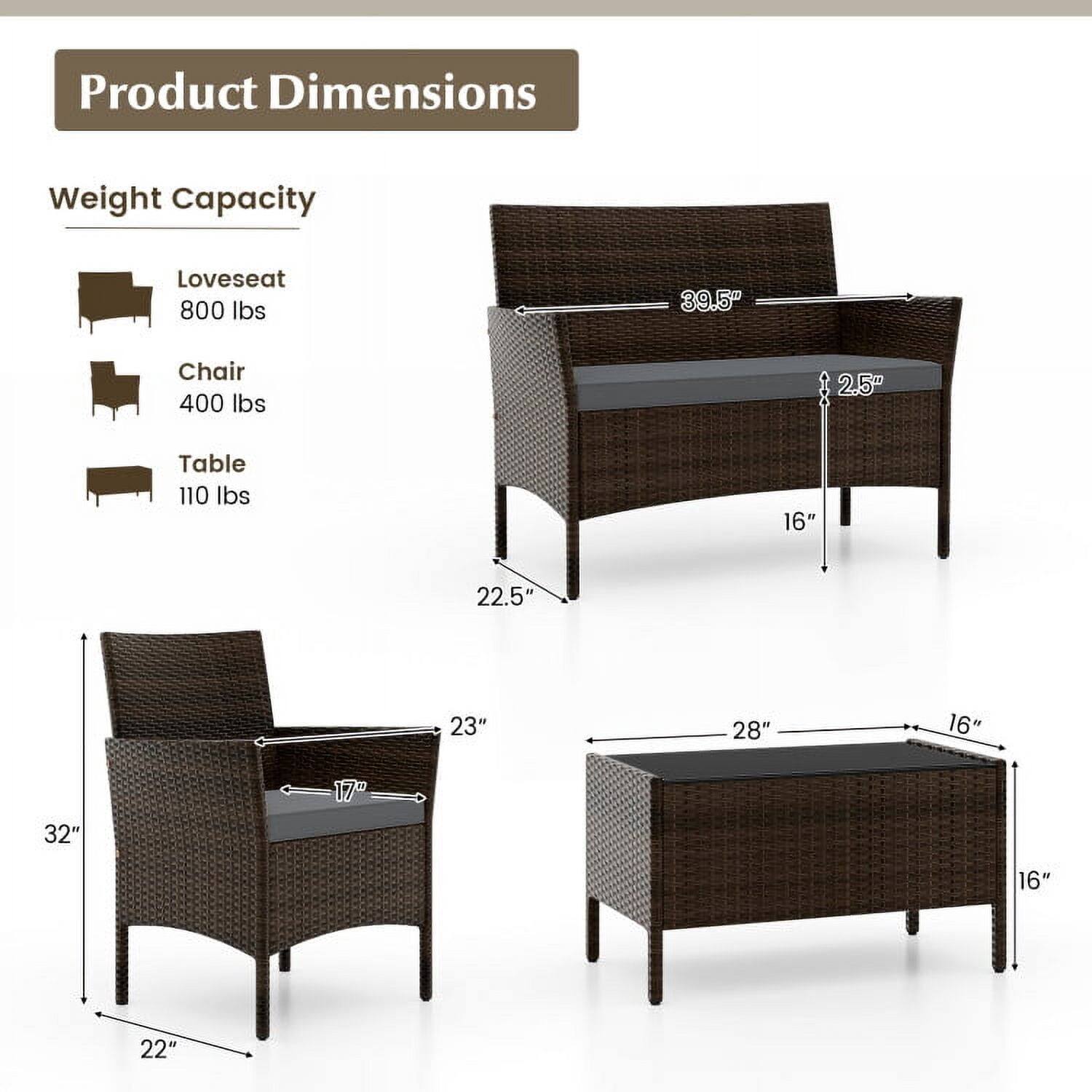 Product Dimensions  
Weight Capacity  
- Loveseat: 800 lbs  
- Chair: 400 lbs  
- Table: 110 lbs  

Dimensions:  
- Loveseat: 39.5" W x 22.5" D x 28" H  
- Chair: 23" W x 17" D x 32" H  
- Table: 28" W x 16" D x 16" H