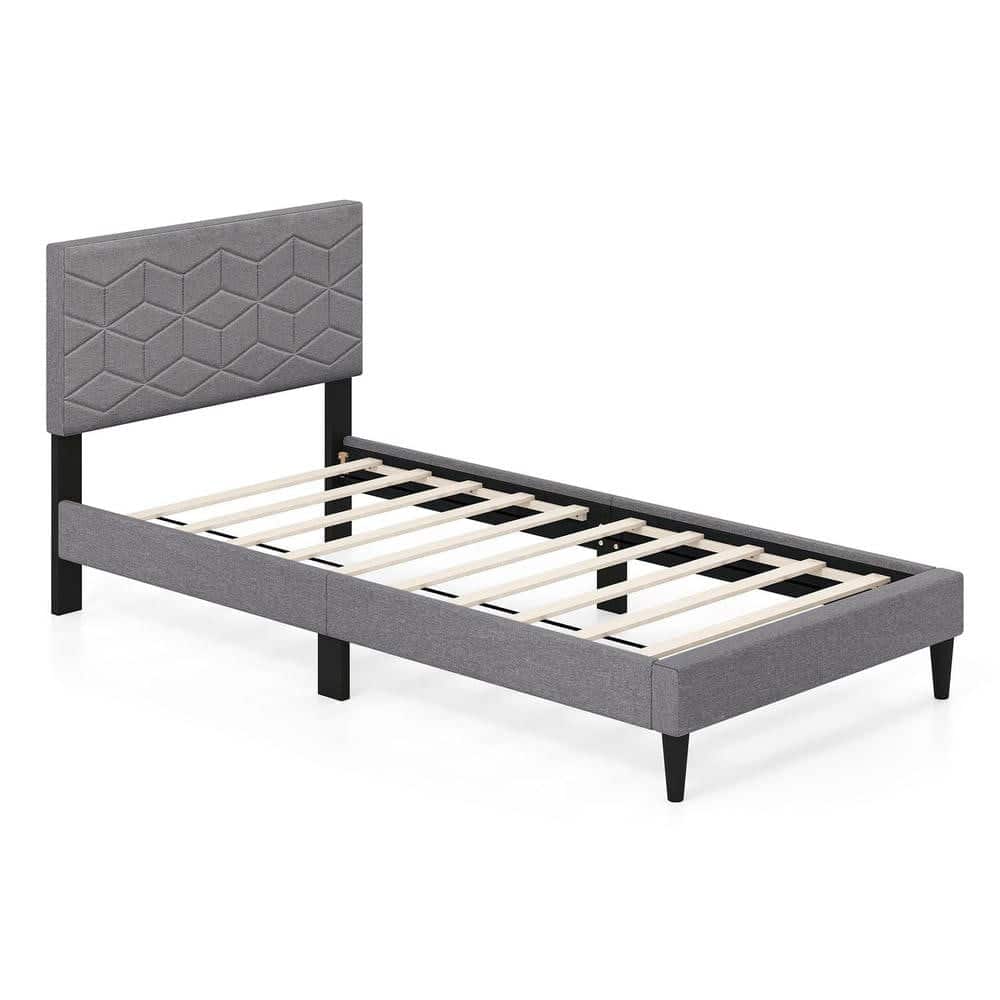 Kadyn- Twin Platform Bed Linen Upholstered Headboard Bedroom Size Modern with Soft Creates a Cozy and Contemporary Focal Point- Gray