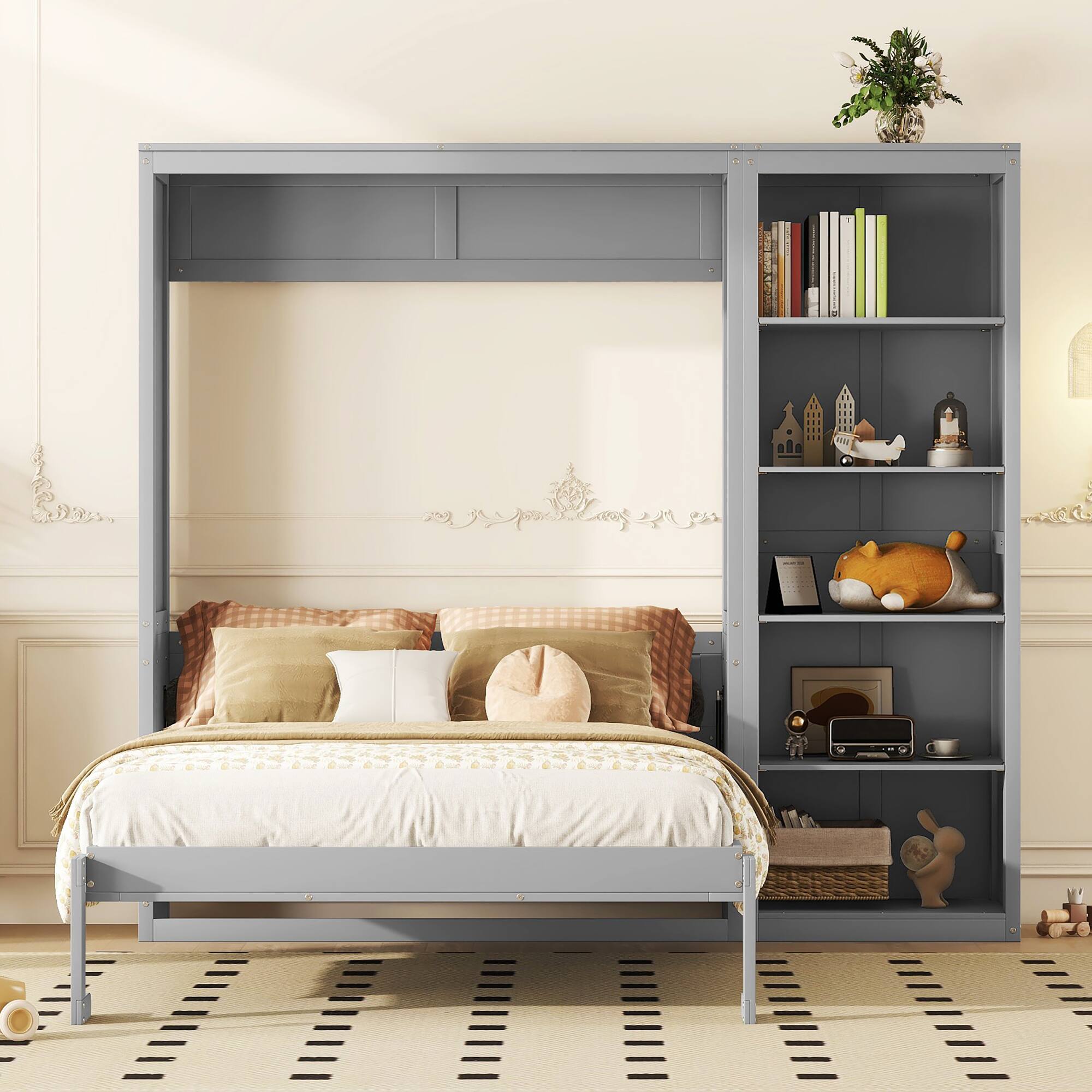 Angle. Tiramisubest - Queen Size Gray Murphy Wall Bed with Shelves, Solid Wood + MDF, Space-Saving - Gray.