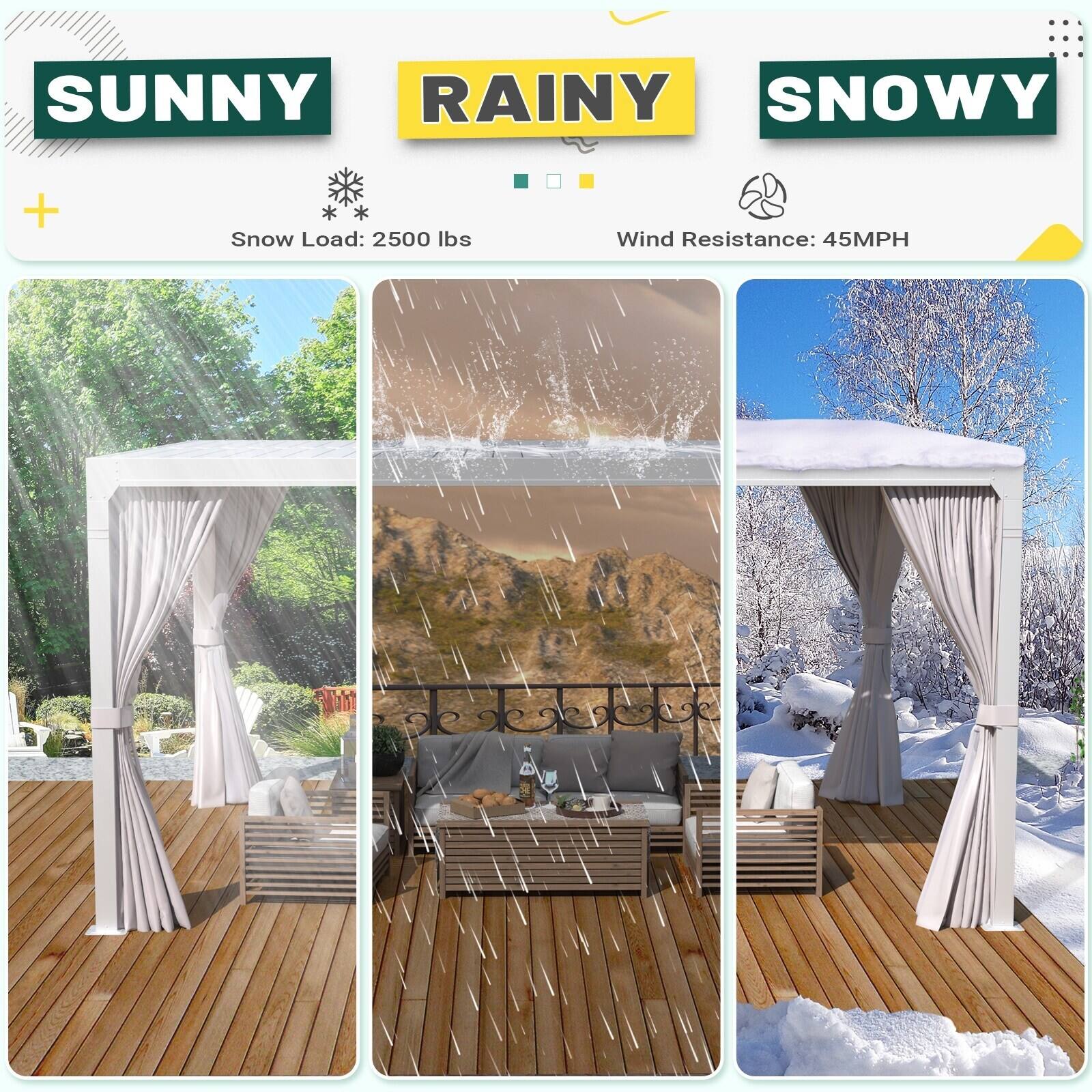 SUNNY  
RAIN  
SNOWY  

Snow Load: 2500 lbs  
Wind Resistance: 45MPH