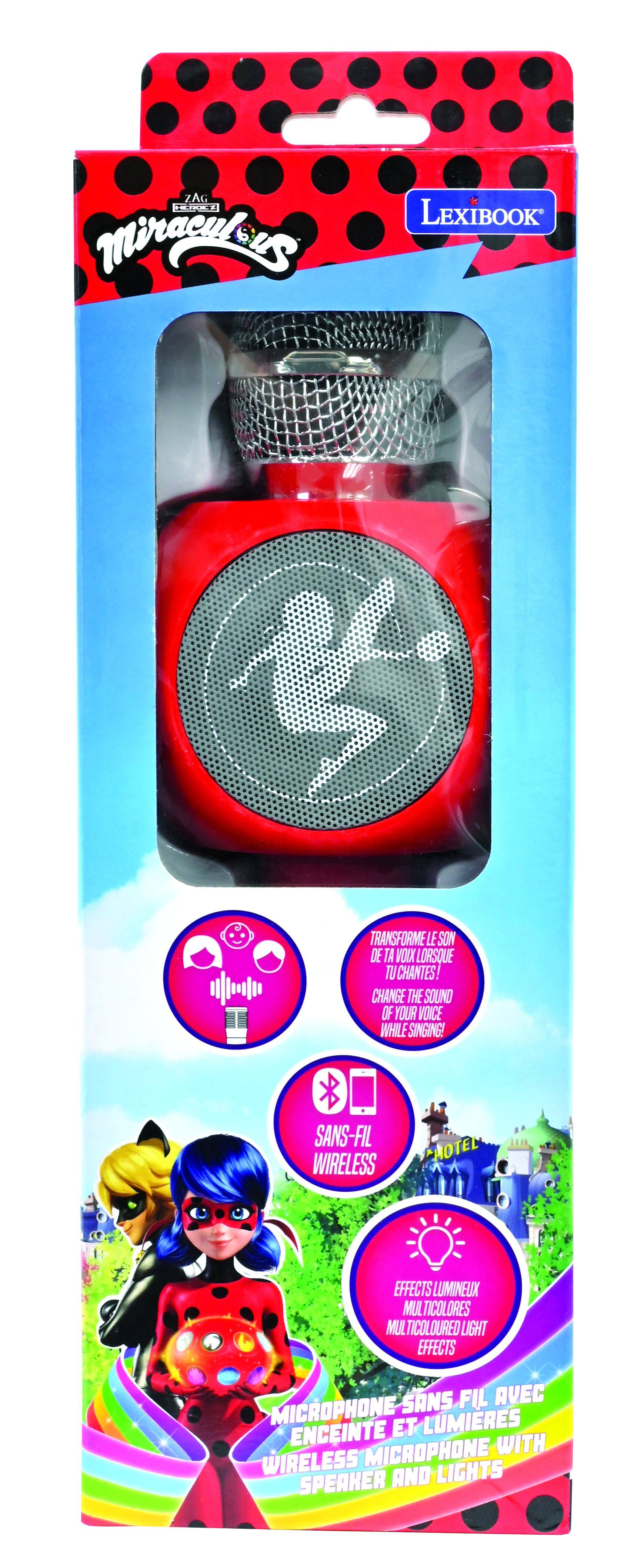 Miraculous LEXIBOOK TRANSFORME LE SON DE TA VOIX LORSQUE TU CHANTES! CHANGE THE SOUND OF YOUR VOICE WHILE SINGING! SANS-FIL WIRELESS HOTEL EFFECTS LUMINEUX MULTICOLORES MULTICOLOURED LIGHT EFFECTS SANS FIL AVEC MICROPHONE LUMIERES ENCEINTE ET MICROPHONE WITH WIRELESS LIGHTS SPEAKER AND