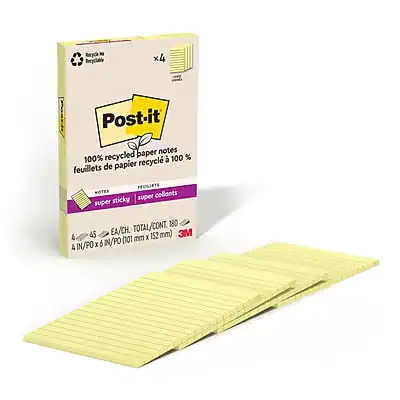 Post-it
100% recycled paper notes
feuilles de papier recyclé à 100%
Super sticky
super collants
4 AS / 4 EA / TOTAL COUNT 180
4 IN/PO x 6 IN/PO (101 mm x 152 mm)
3M