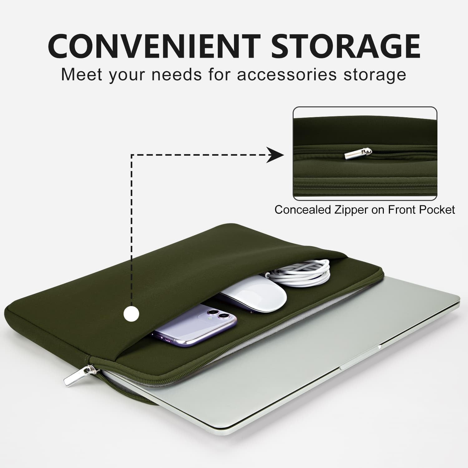 CONVENIENT STORAGE  
Meet your needs for accessories storage

Concealed Zipper on Front Pocket