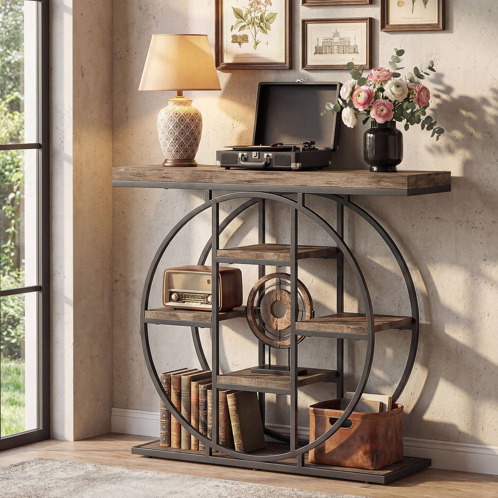 Alt View 7. Homcom - Console Table with Storage Shelves, Industrial Sofa Table for Living Room, Hallway - Rustic Oak.