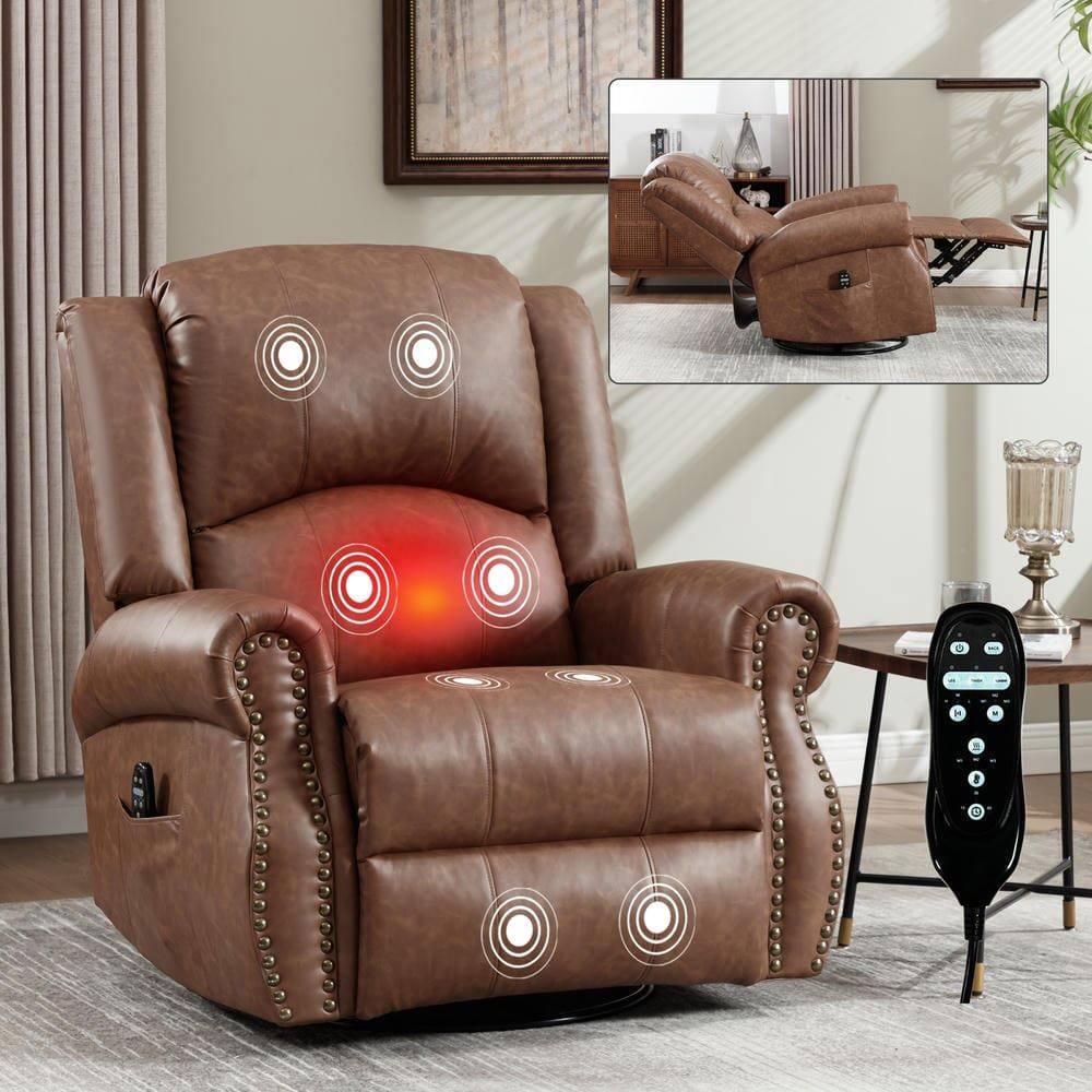 Left. Kadyn - Fabric Recliner Chair with 8-Node Massage, Heating, and Swivel Rocker Functions, Yellow Brown - Brown.
