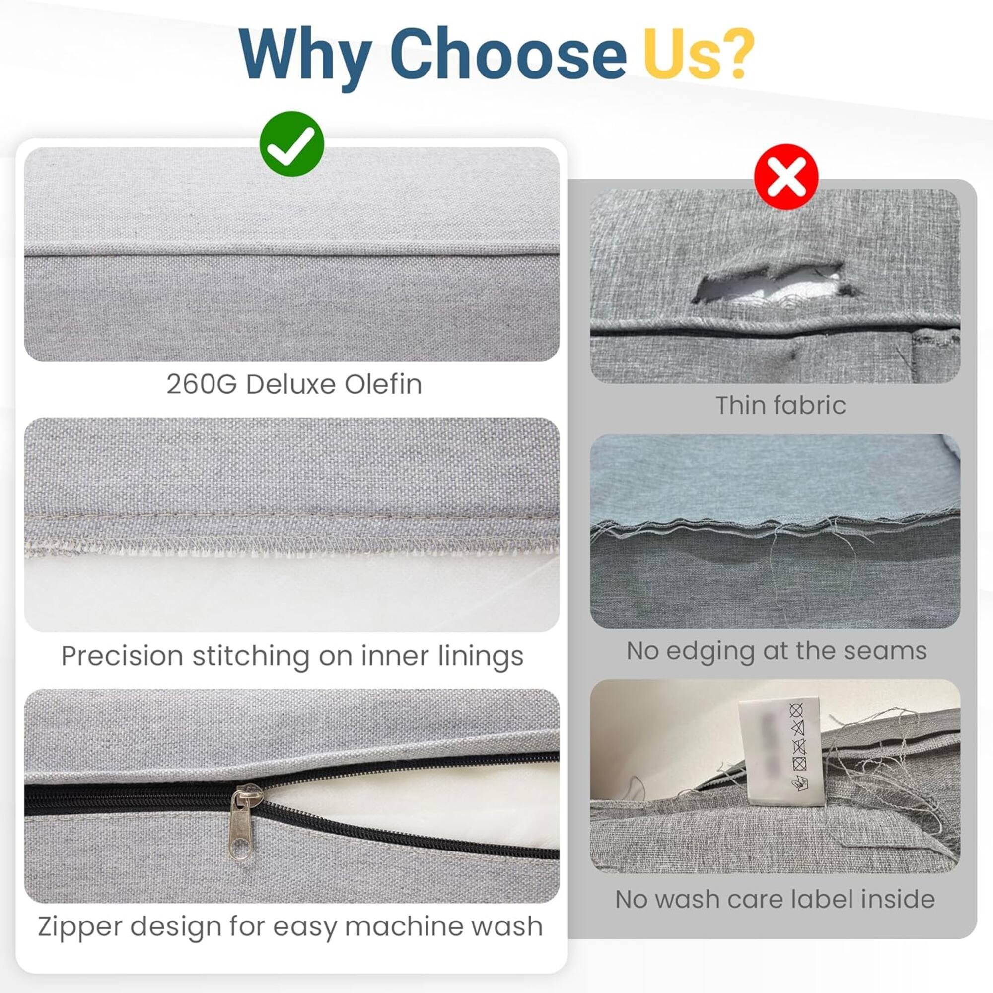 Why Choose Us?

- 260G Deluxe Olefin
- Precision stitching on inner linings
- Zipper design for easy machine wash
- No edging at the seams
- No wash care label inside