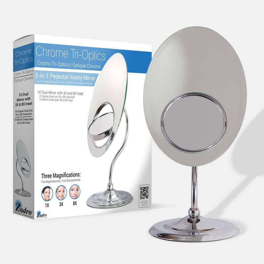 Chrome Tri-Optics  
Cromo Tri-Óptica | Optique Chrome  

3-in-1 Pedestal Vanity Mirror  
3-en-1 Espejo Pedestal de Courtoise  

1X Oval Mirror with 3X and 8X Inset  
1X Espejo Oval con 3X y 8X Inserción  
1X Mirror Oval avec 3X et 8X Inset  

Three Magnifications:  
Tres Magnificaciones | Trois Grossissements  
1X 3X 8X  

Zadro