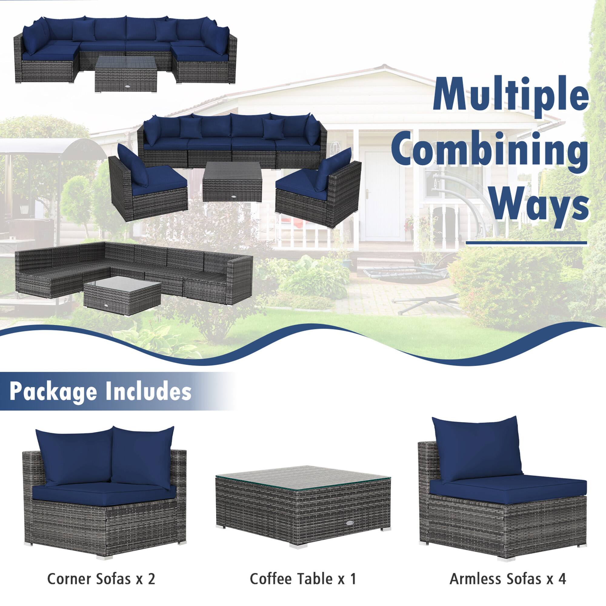 Multiple Combining Ways

Package Includes

Corner Sofas x 2
Coffee Table x 1
Armless Sofas x 4