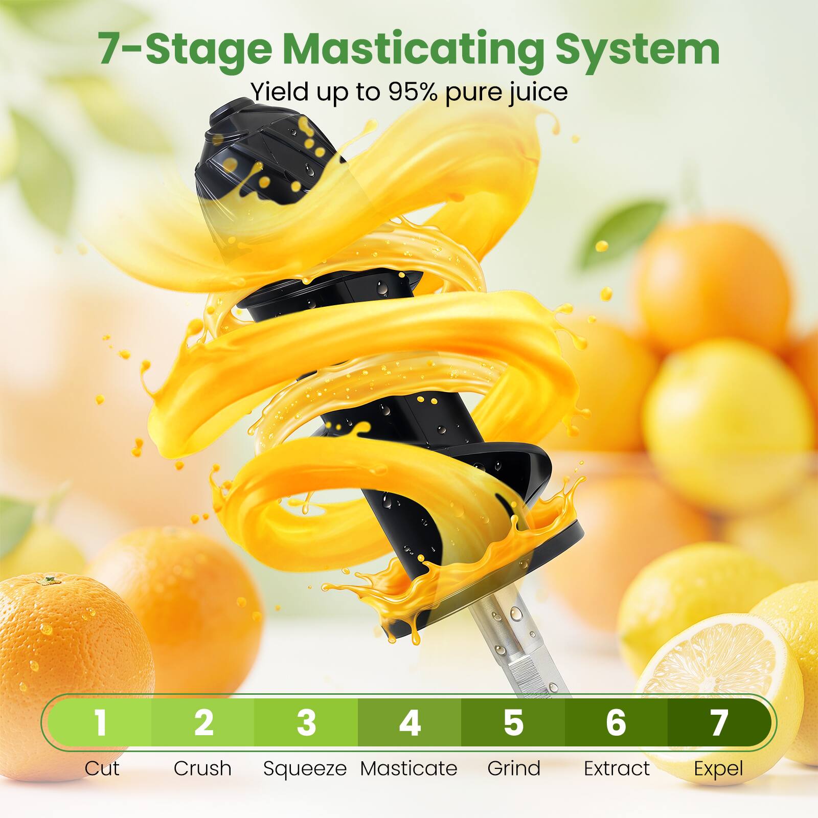 7-Stage Masticating System Yield up to 95% pure juice

1. Cut
2. Crush
3. Squeeze
4. Masticate
5. Grind
6. Extract
7. Expel