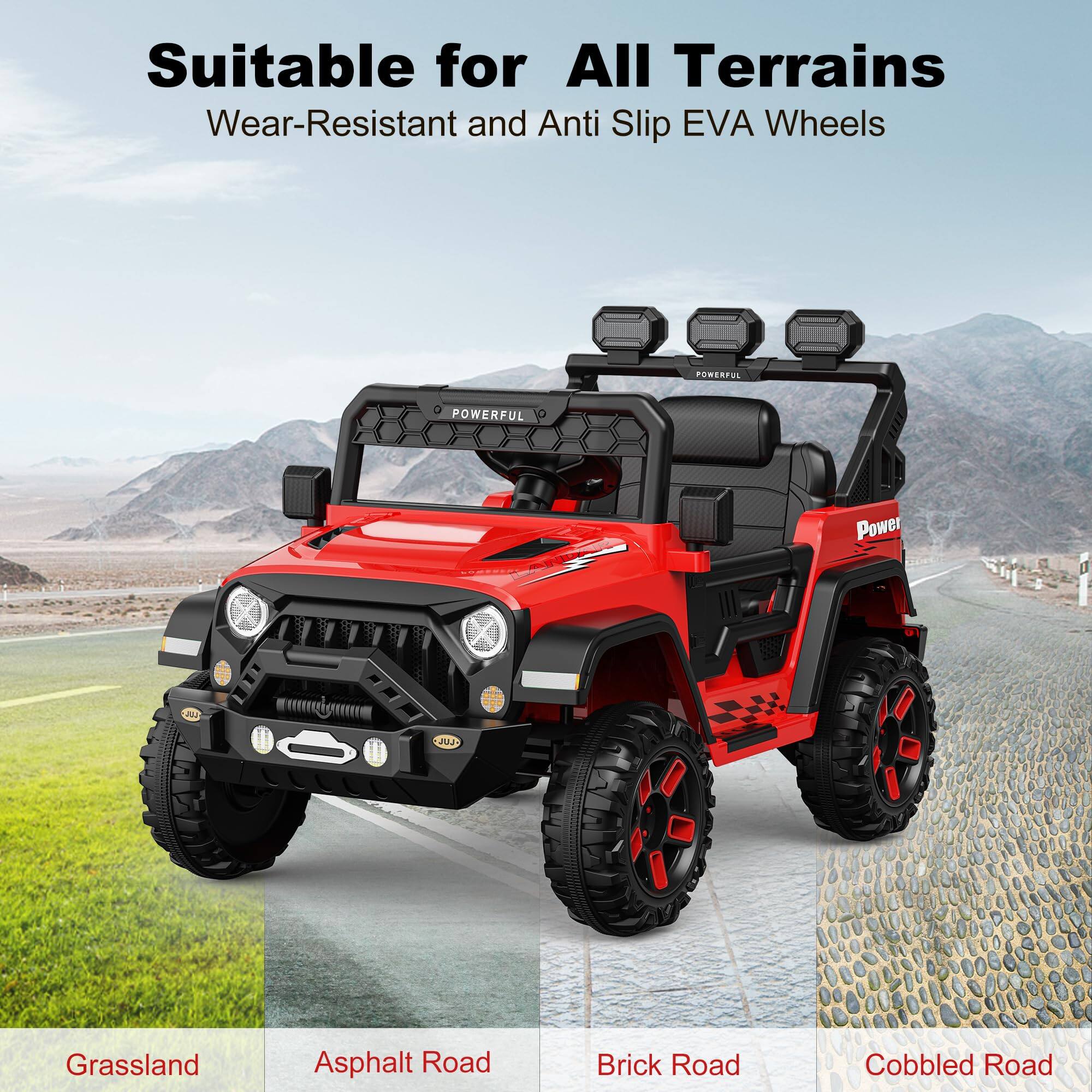 Suitable for All Terrains  
Wear-Resistant and Anti Slip EVA Wheels  

Grassland  
Asphalt Road  
Brick Road  
Cobbled Road