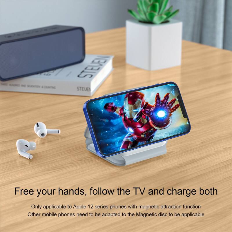 Free your hands, follow the TV and charge both

Only applicable to Apple 12 series phones with magnetic attraction function

Other mobile phones need to be adapted to the Magnetic disc to be applicable