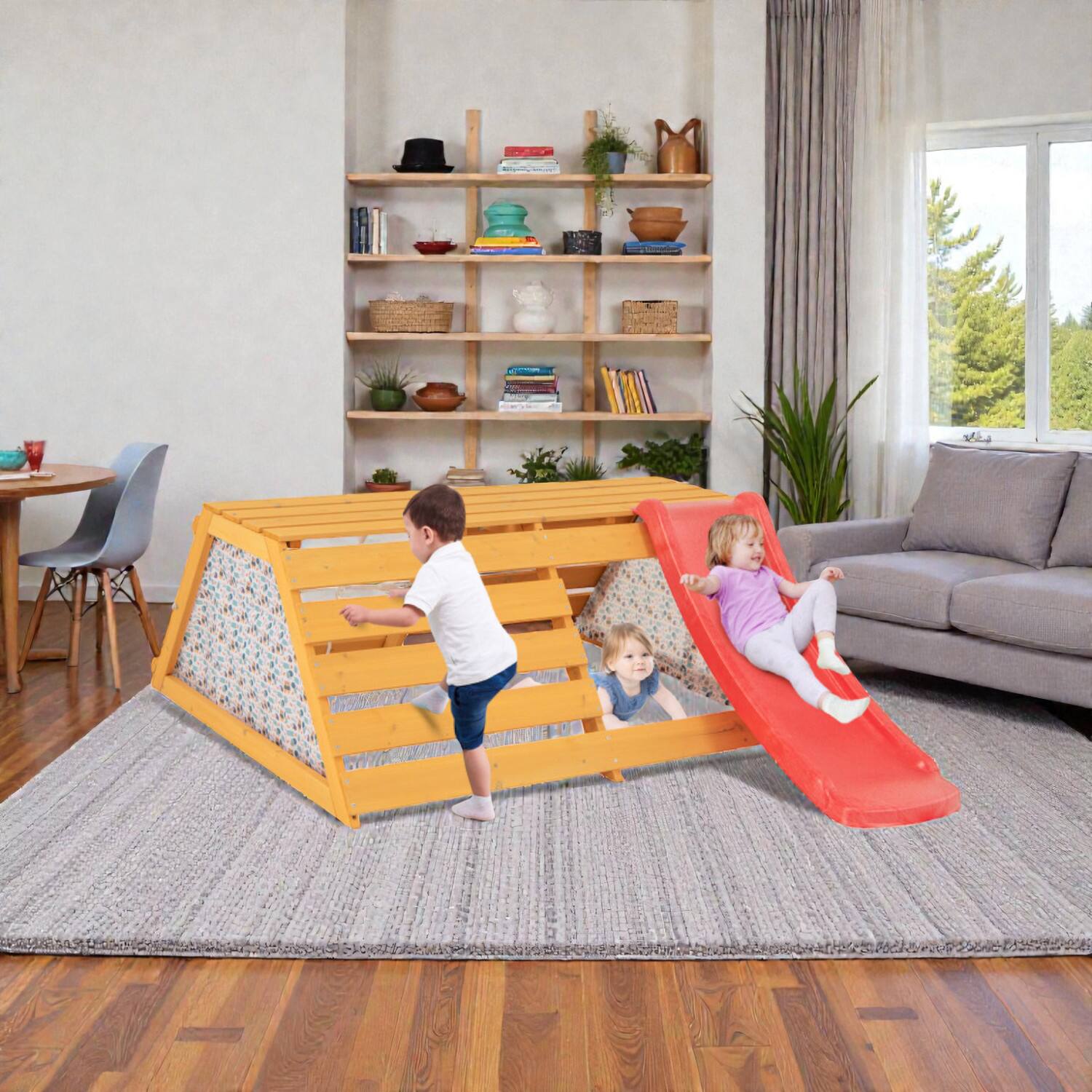 Front. BreeBe - 5-in-1 Wooden Indoor Jungle Gym with Slide, Rock Wall, and Rope Climber - Natural.