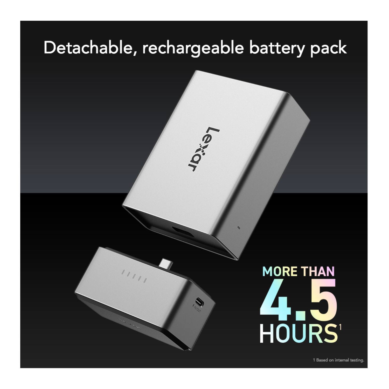 Detachable, rechargeable battery pack

MORE THAN 4.5 HOURS¹

¹ Based on internal testing.