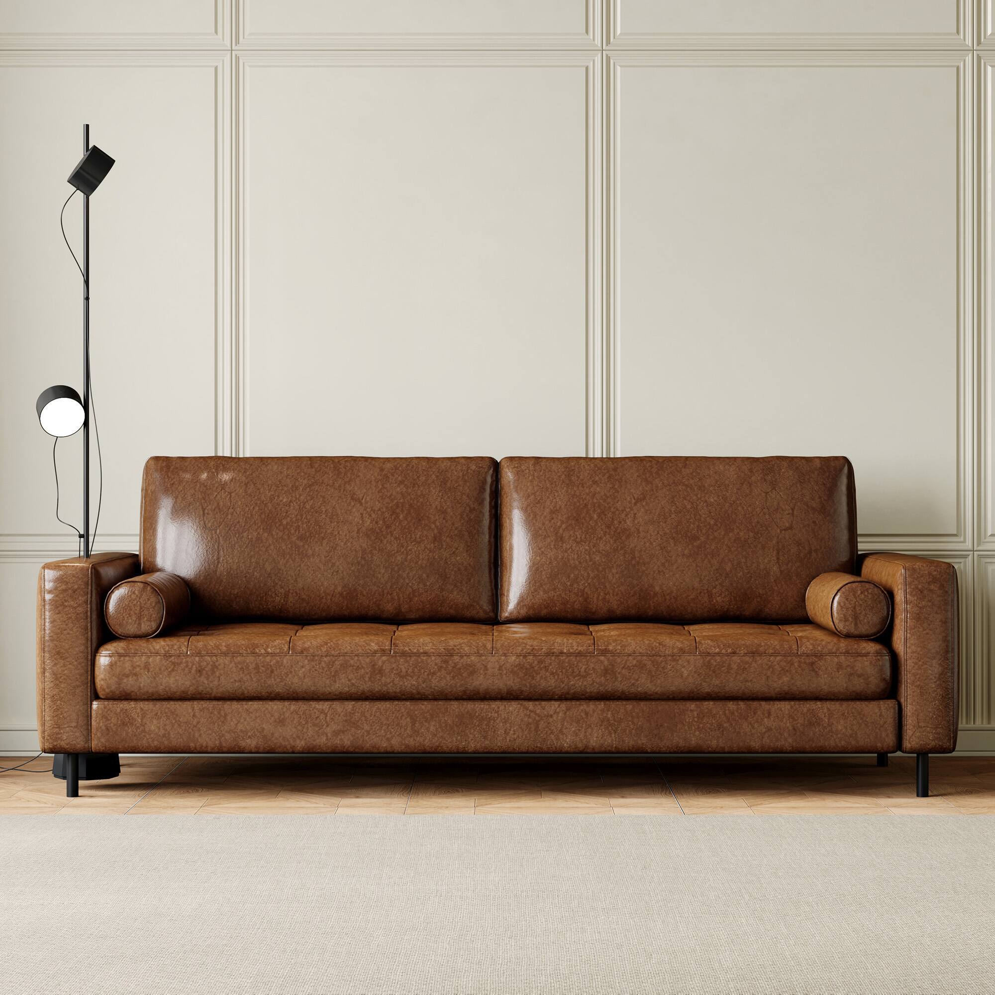 Angle. luck idea - 80.31" High-End Vintage Oil-Waxed Leather Sofa, Couch,Durable Solid Frame & Ergonomic Comfort Seating for Living Room - Brown.