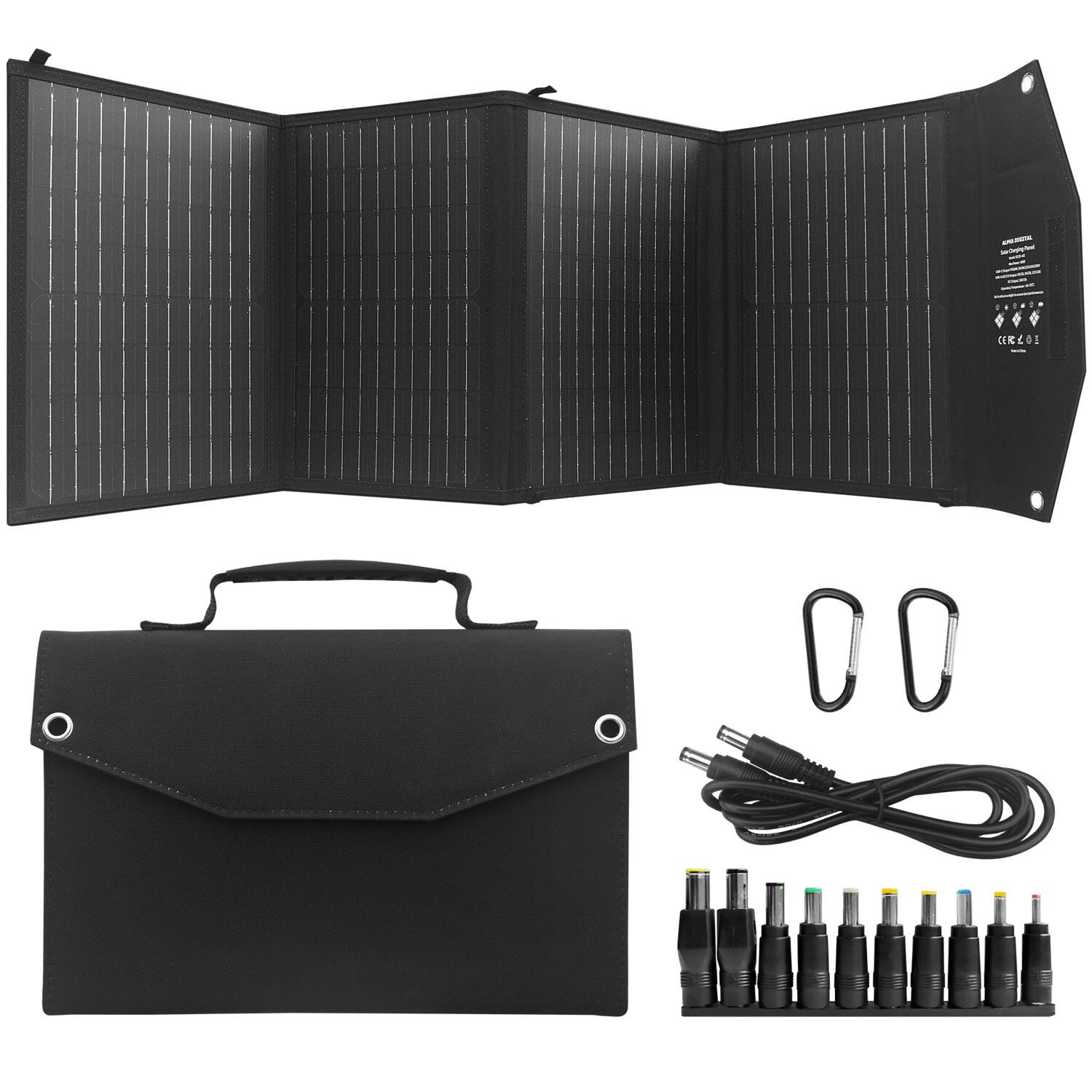 Alpha Digital - Portable Solar Panel, 40W Charge Capacity, Durable, Foldable and Easy to Carry - Black