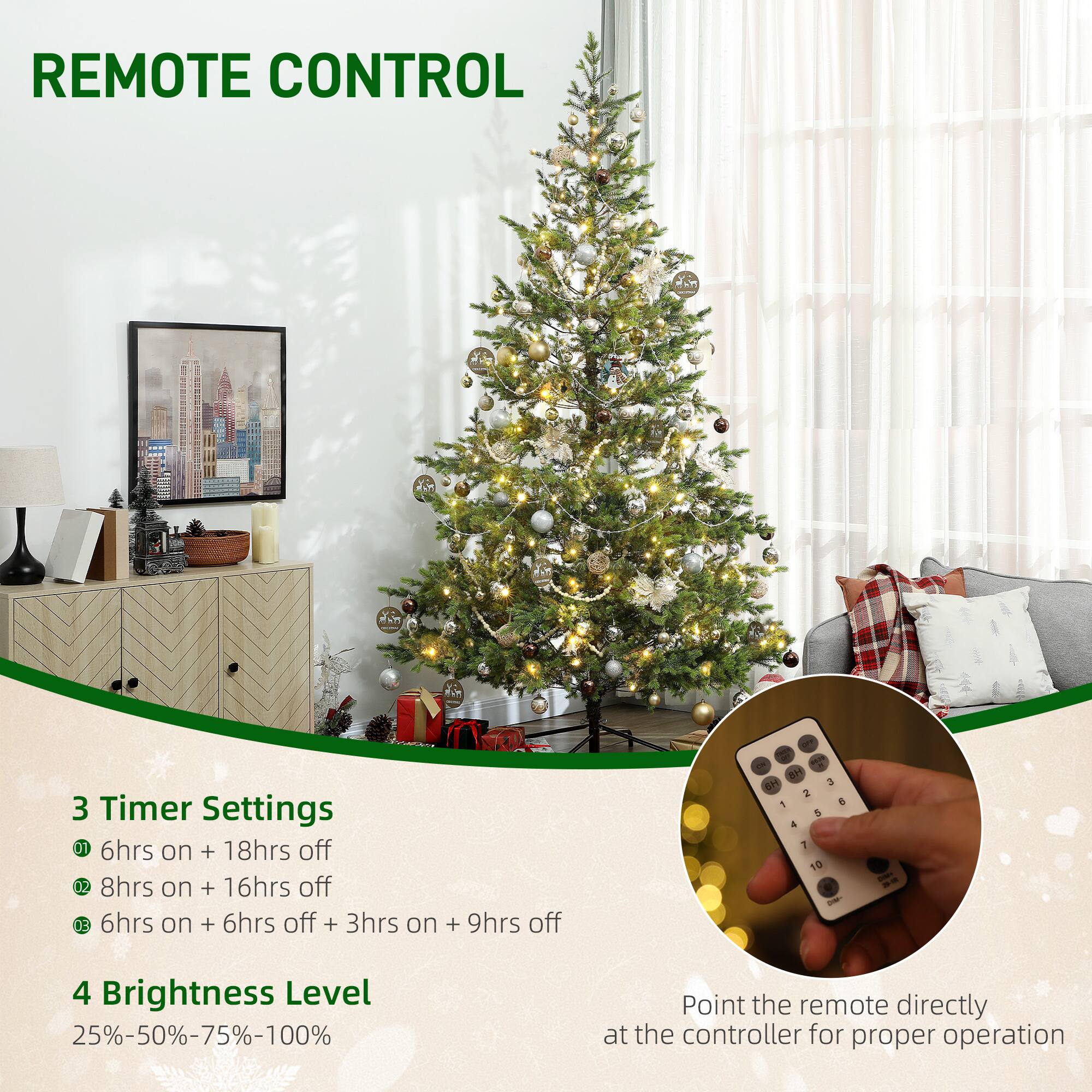 REMOTE CONTROL

3 Timer Settings
- 6hrs on + 18hrs off
- 8hrs on + 16hrs off
- 6hrs on + 6hrs off + 3hrs on + 9hrs off

4 Brightness Level
25%-50%-75%-100%

Point the remote directly at the controller for proper operation