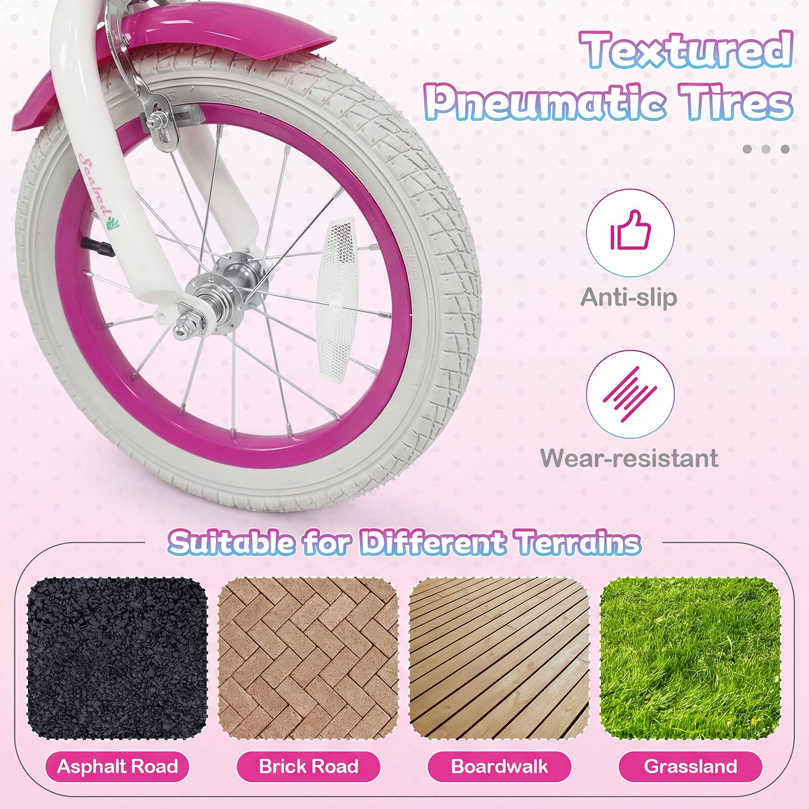 Textured Pneumatic Tires

Anti-slip  
Wear-resistant

Suitable for Different Terrains

Asphalt Road  
Brick Road  
Boardwalk  
Grassland